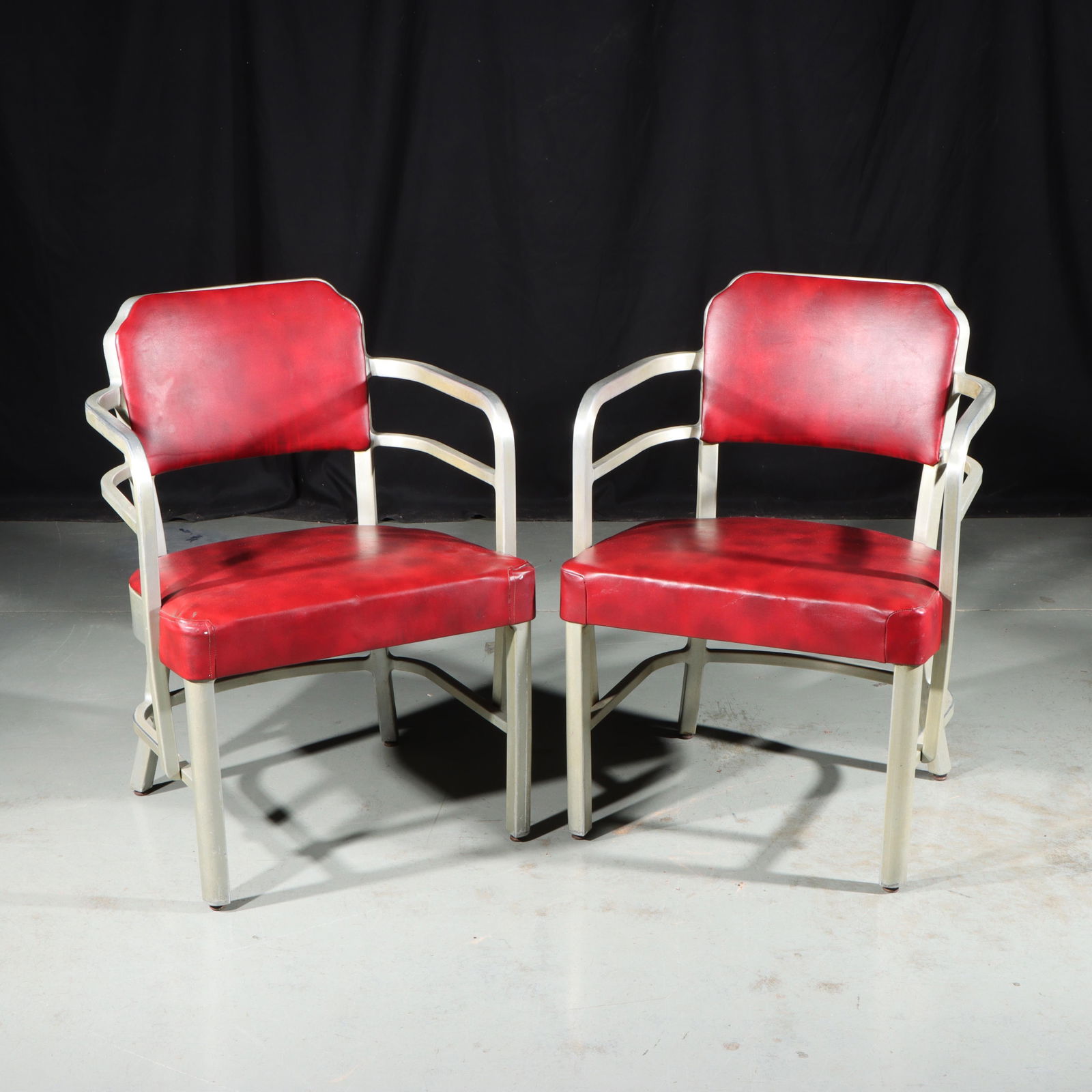 Pair Art Deco Goodform Aluminum Chairs 31"H x 23"W x 23"L: Pair Art Deco Goodform Aluminum Chairs Date code on one signifies production of January, 1948. Provenance: Charles Alexander, Indianapolis, IN 31"H x 23"W x 23"L