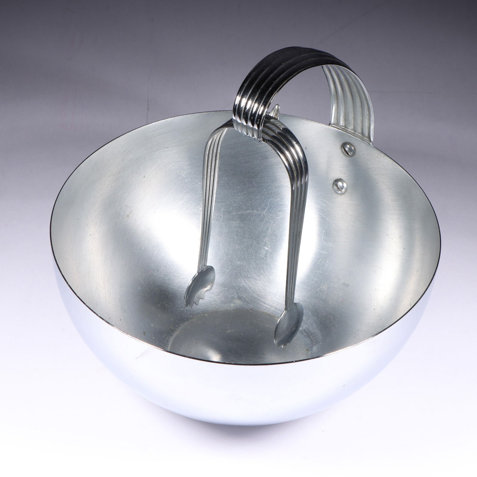 Russel Wright Chase Chrome Ice Bowl & Tongs 6 3/4"H x 7"W: Russel Wright Chase Chrome Ice Bowl & Tongs Both marked w/ Chase centaur logo. Catalog No.28002 "This classic bowl, designed for Chase by Russel Wright, holds an ample supply of ice in cracked or cube
