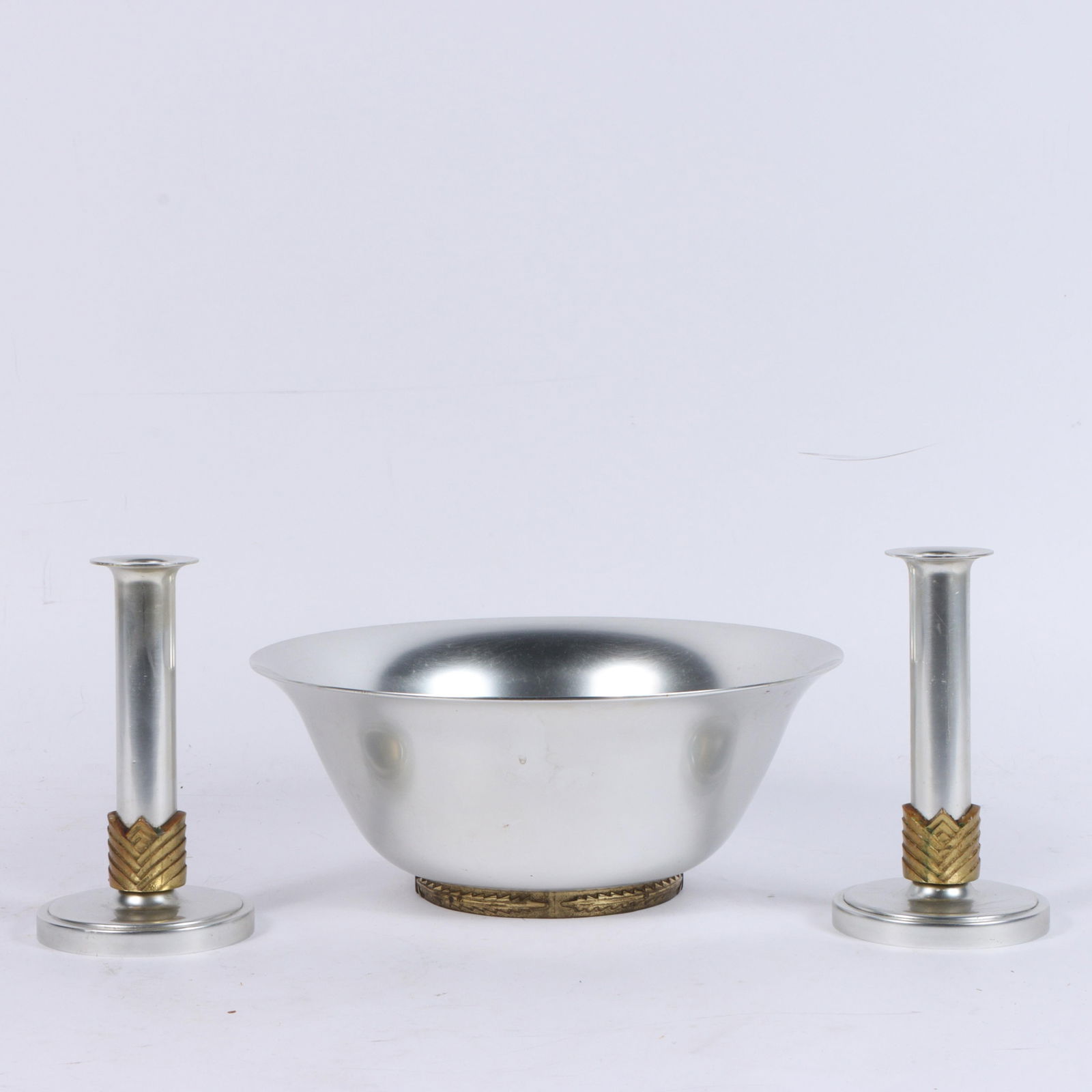 Lurelle Guild Kensington Aluminum/Brass Bowl & Candlesticks 11 1/2" Diam. (Largest): Lurelle Guild Kensington Aluminum/Brass Bowl & Candlesticks "Epicurean" Salad bowl (retail $8.50) with brass foot, described in the 1936 catalog supplement" "Epicurus-the philosopher who delighted in