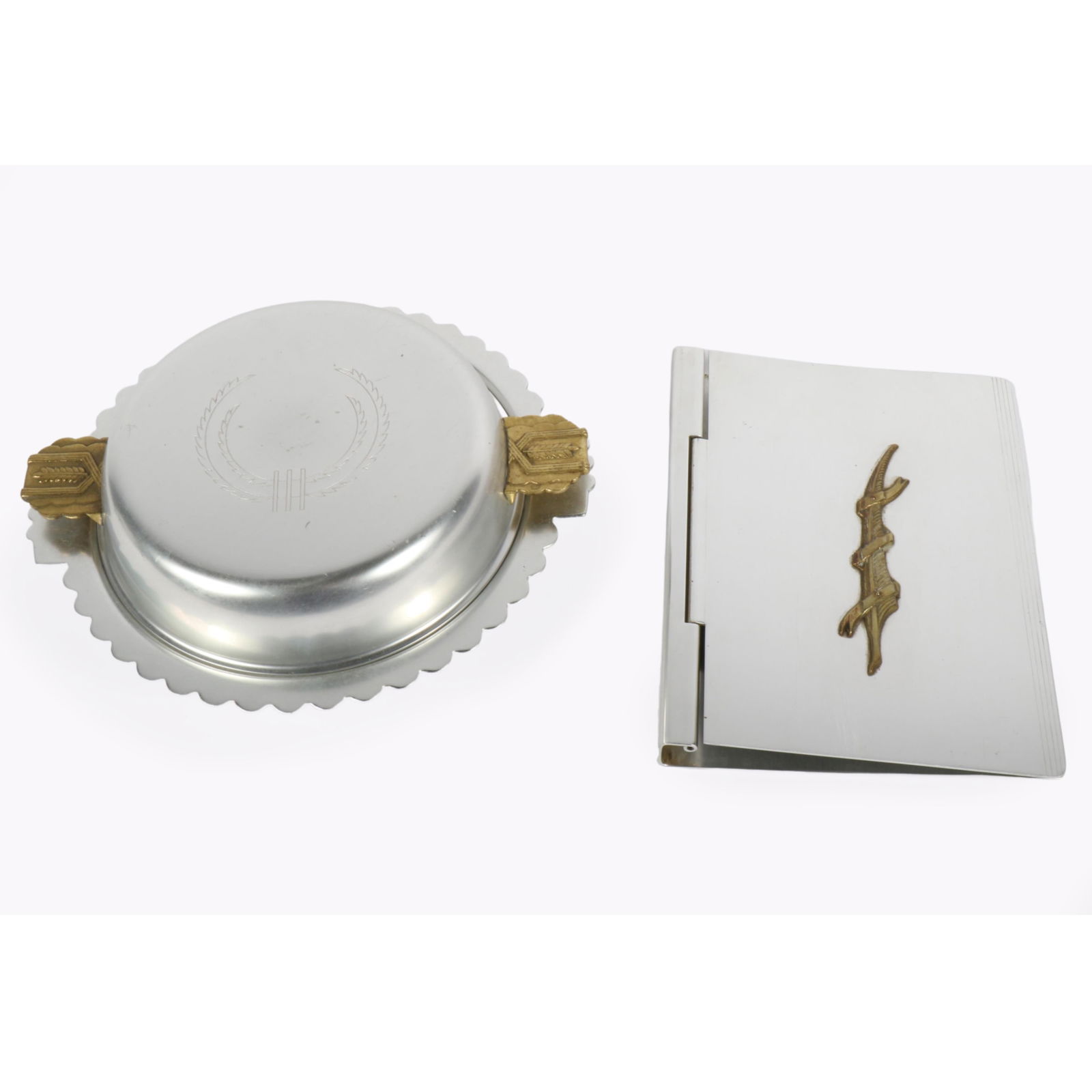 Kensington Lurelle Guild Aluminum/Brass Memo Book & Serving Bowl 8 1/2" Diam. (Largest): Kensington Lurelle Guild Aluminum/Brass Memo Book & Serving Bowl 1934 #7001 "Waverly" Memorandum Book (retail price $5.00); 1935 #7381 "Dorchester" Double Serving Dish (retail price $8.50) with brass