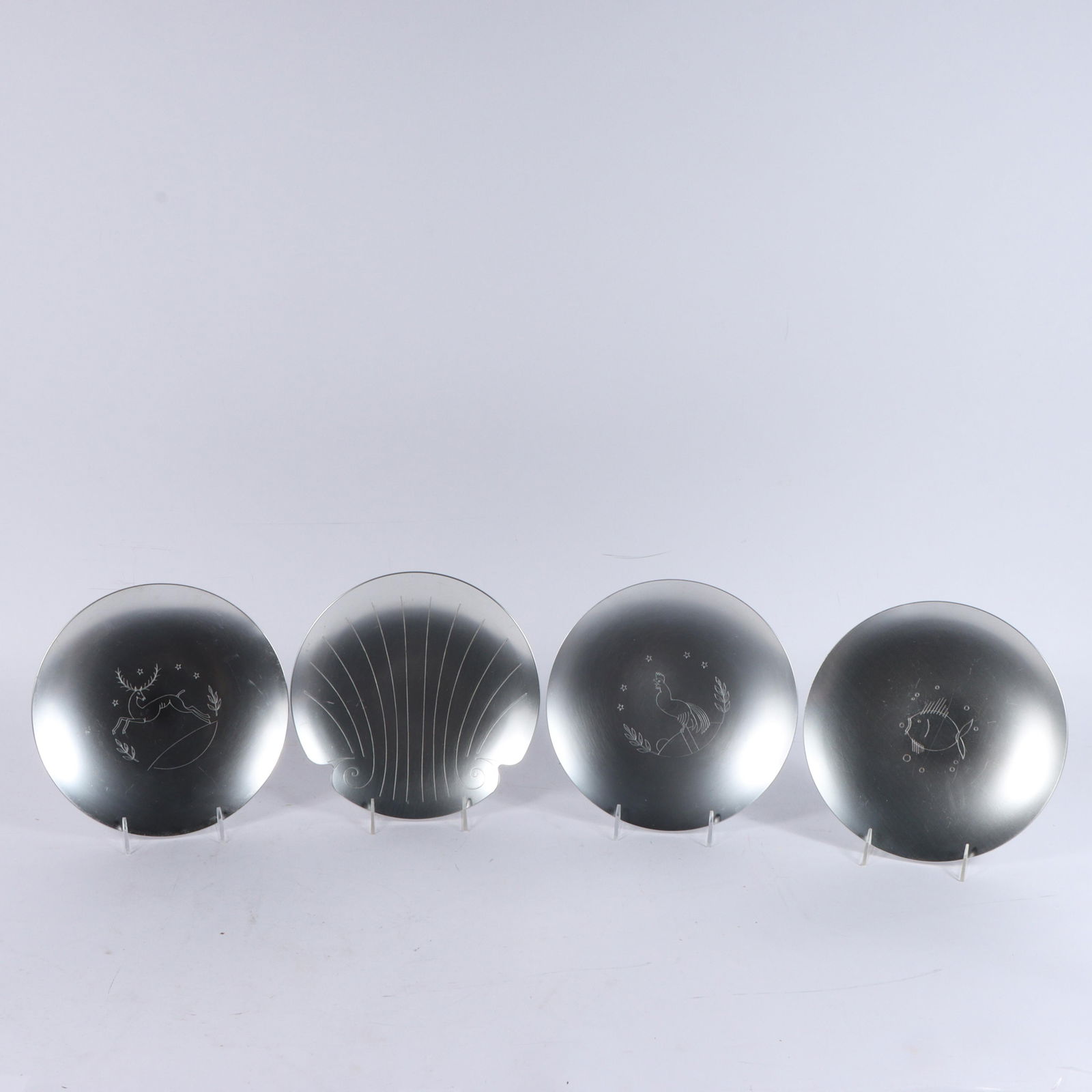 Lurelle Guild Art Deco Kensington Four pieces Aluminum 10"Diam. (largest): Lurelle Guild Art Deco Kensington Four pieces Aluminum Kensington Lurelle Guild 3 Aluminum Plates and Canap? Plate Three #7320 10" Dia. Canape Plates (retail price $3.75); #7331 Shell Canape 10" Plate