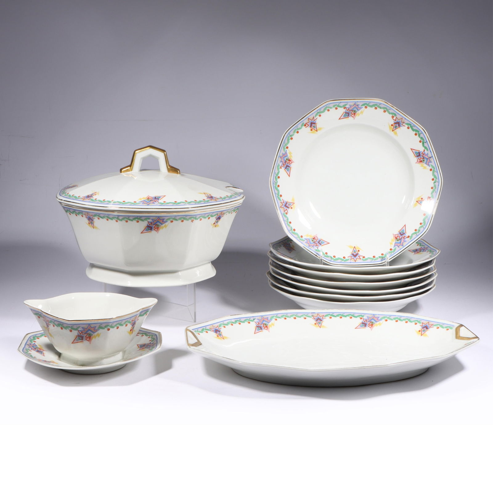 Art Deco Limoges 10 Piece Serving Set Platter 9"W x 14"Long: Art Deco Limoges 10 Piece Serving Set Tureen with six Deep soup plates, 9 x 14" platter, and Gravy w/attached stand. All marked on reverse: "Limoges, France, Depose" and monogram for Charles Martel &