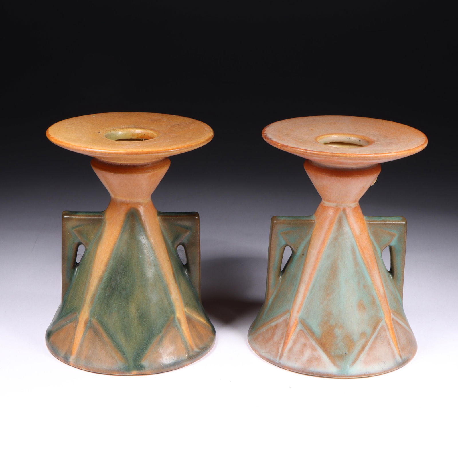 Pair Roseville art pottery Futura Aztec Lady candlestick holders 1072-4 4"H x 3 1/4"Diam.: Pair Roseville art pottery Futura Aztec Lady candlestick holders 1072-4 4"H x 3 1/4"Diam.