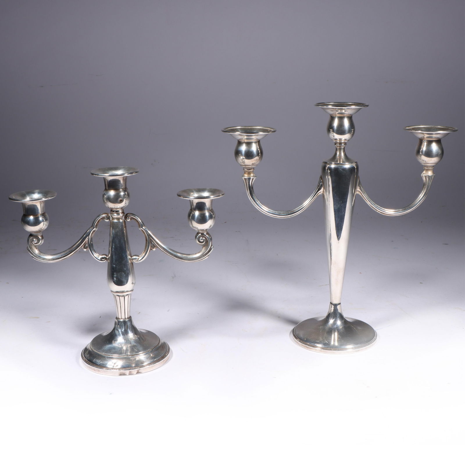 Two weighted sterling silver 3 arm candelabras: Revere Silver Co, M. Fred Hirsch Co 9 1/4"H x 9 (1 of 11)
