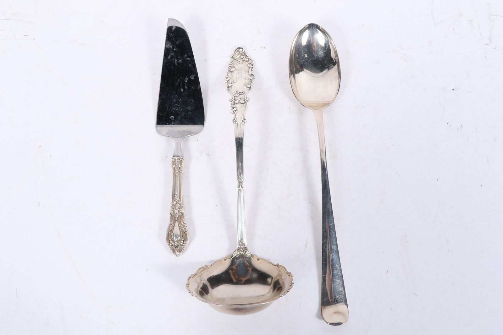 Silver flatware, 3pc: Gorham Luxembourg sterling silver gravy ladle, Lunt cake server with sterling (1 of 9)