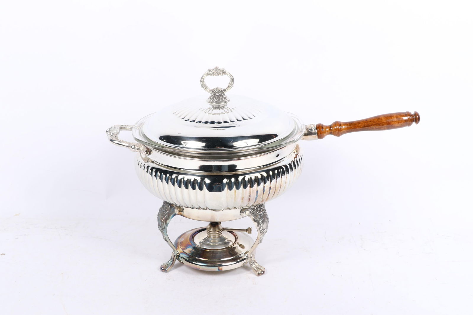 Vintage Sheridan? silver-plated chafing dish with wooden handle and Pyrex glass dish 14"H x 11"Diam.: Vintage Sheridan? silver-plated chafing dish with wooden handle and Pyrex glass dish 14"H x 11"Diam. x 21"W (handle to handle)
