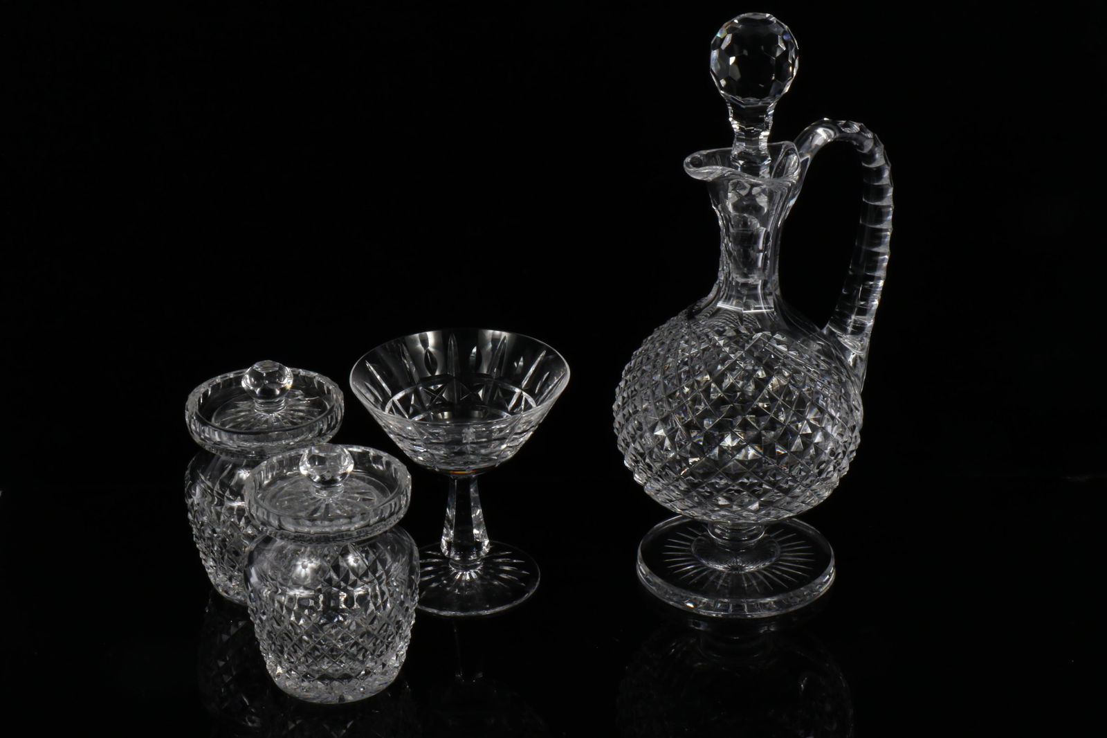 Waterford Crystal, 4pc: Prestige Collection claret decanter, 2 Alana preserve jars, Kylemore: Waterford Crystal, 4pc: Prestige Collection claret decanter, 2 Alana preserve jars, Kylemore champagne / tall sherbet glass 12"H x 4"Diam. (Largest)