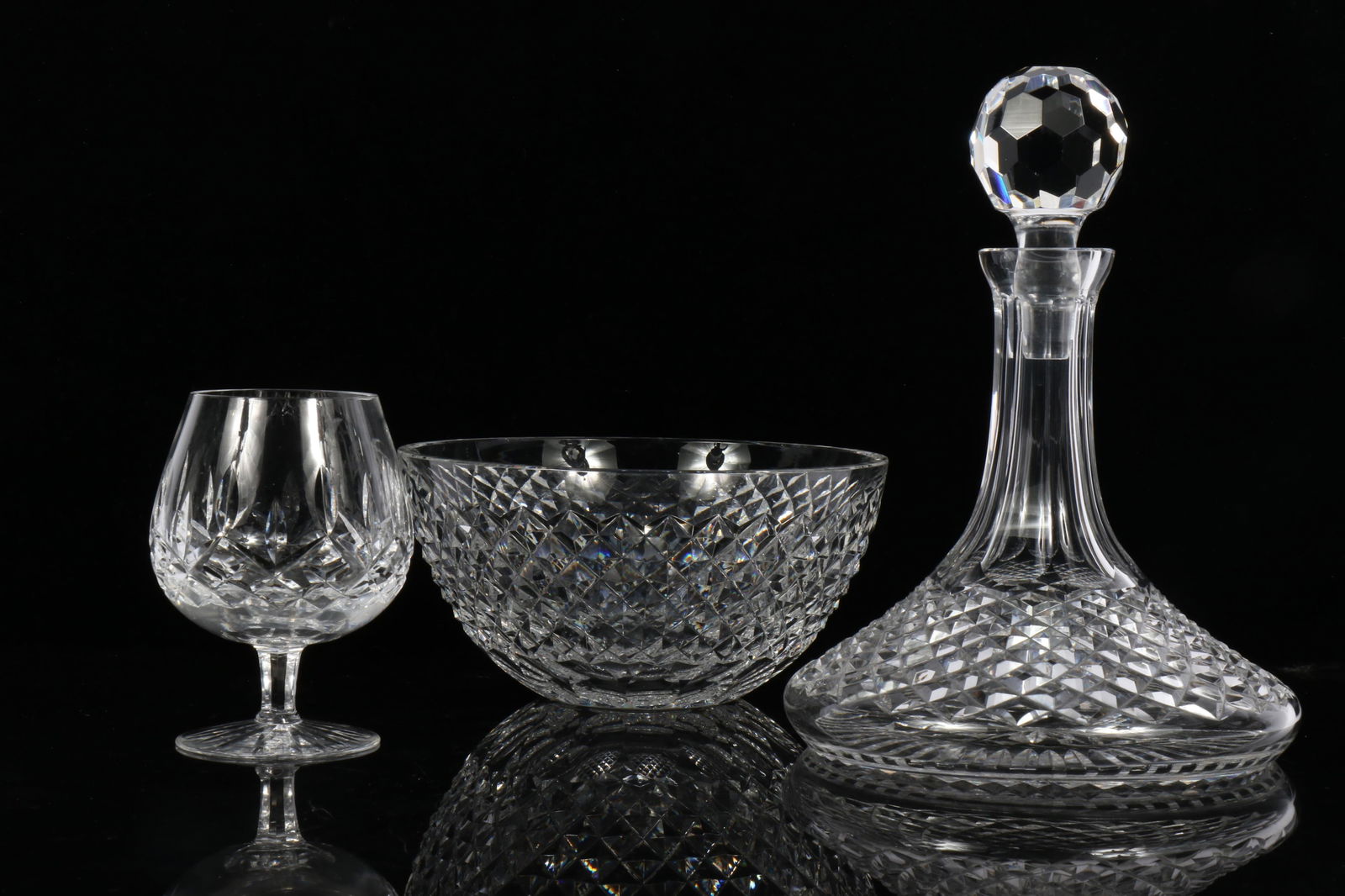 Waterford Crystal, 3pc: Lismore brandy snifter glass, Colleen bowl, Alana ships decanter 4"H x (1 of 13)
