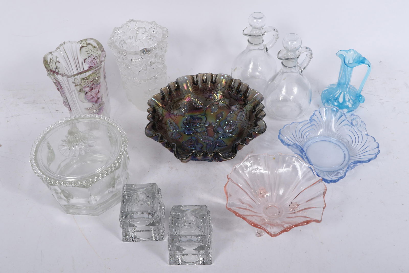 Vintage glass group, 11pc: Mikasa Carmen clear and frosted crystal vase with floral motif, German: Vintage glass group, 11pc: Mikasa Carmen clear and frosted crystal vase with floral motif, German crystal vase with fruit motif, lidded candy dish, carnival glass lustre rose footed bowl with ruffled