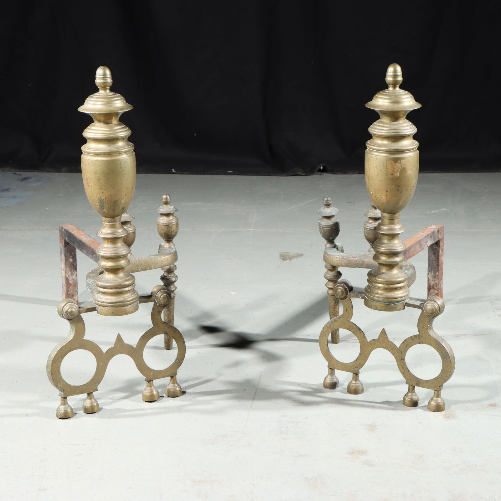 Pair antique baluster form brass andirons 20 1/2"H x 21"Deep (1 of 9)