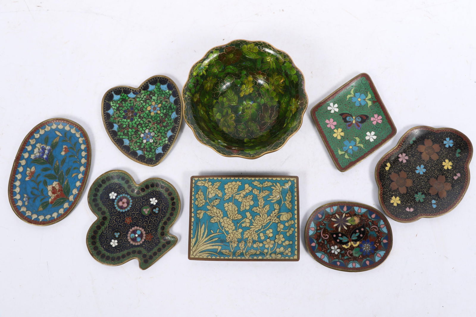 Collection of Chinese cloisonne enamel trinket dishes / trays, 8pc 2"H x 5"Diam. (Largest) (1 of 7)