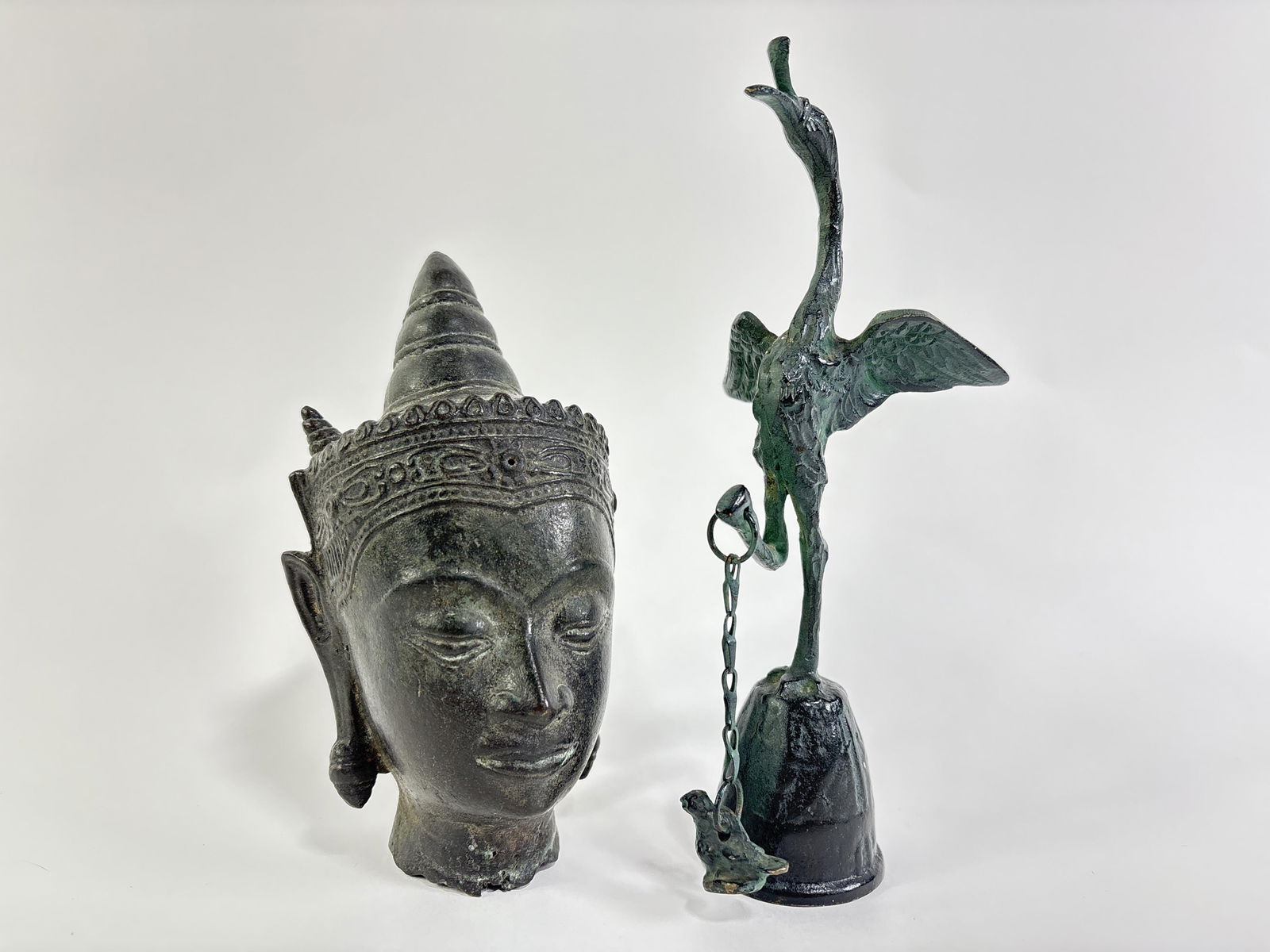 Thai bronze Buddha head sculpture and Japanese bronze crane bird hand bell 8? H X 3? W X 2 3/4? D (1 of 10)