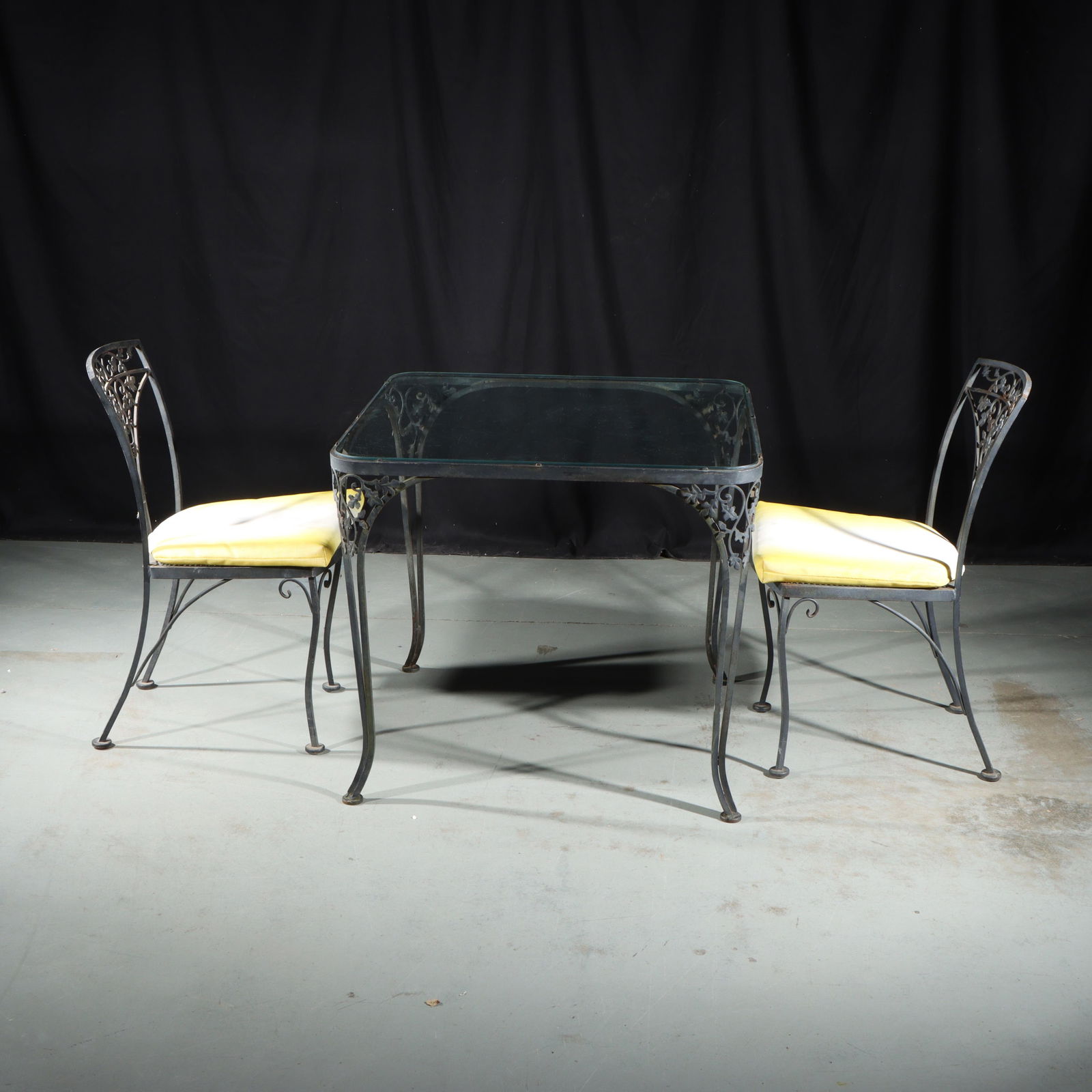 Woodard Briarwood? Saltarini? vintage wrought iron patio furniture, 3pc: two chairs, glass-top table (1 of 9)