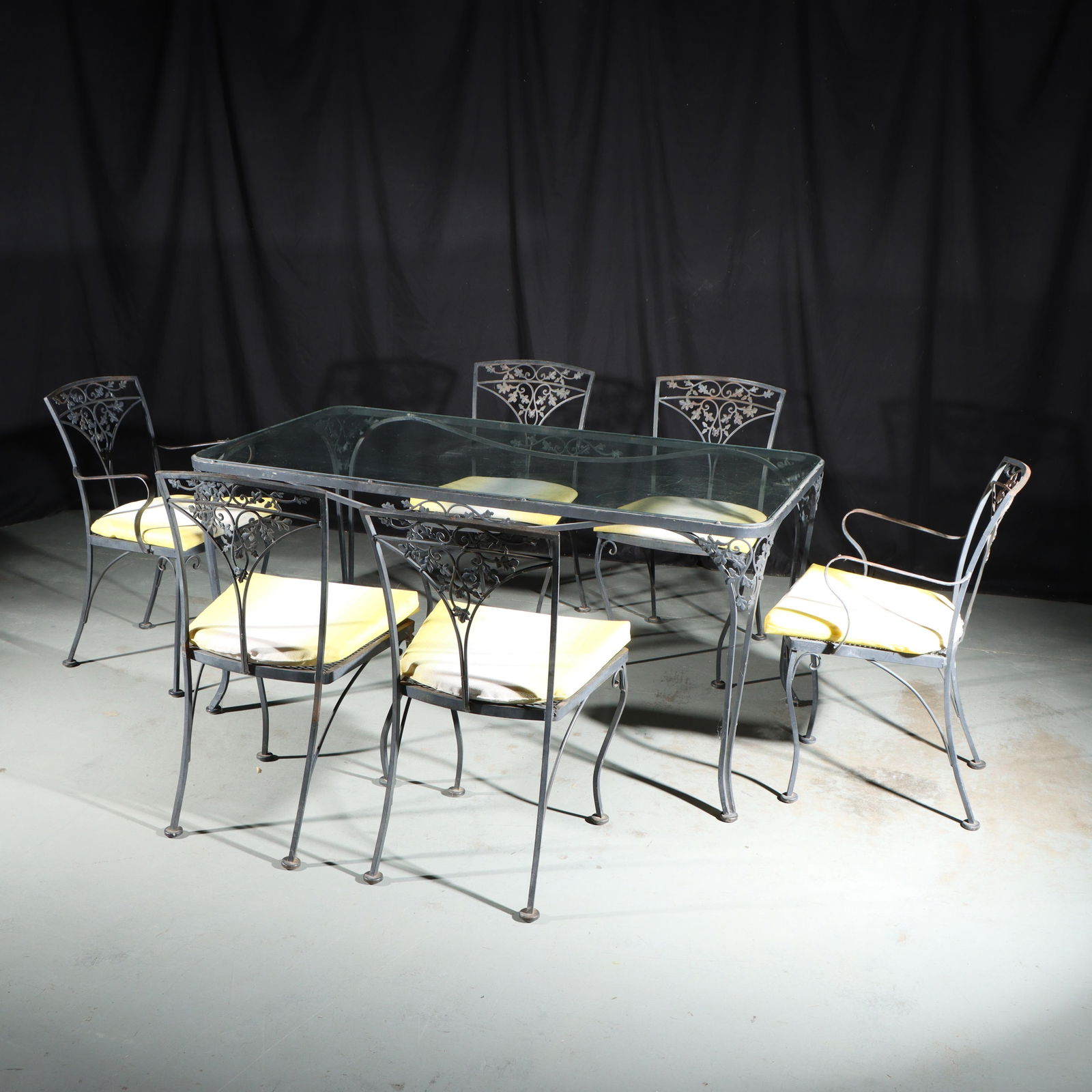 Woodard Briarwood? Saltarini? vintage wrought iron patio furniture, 7pc: six chairs, glass-top table (1 of 10)