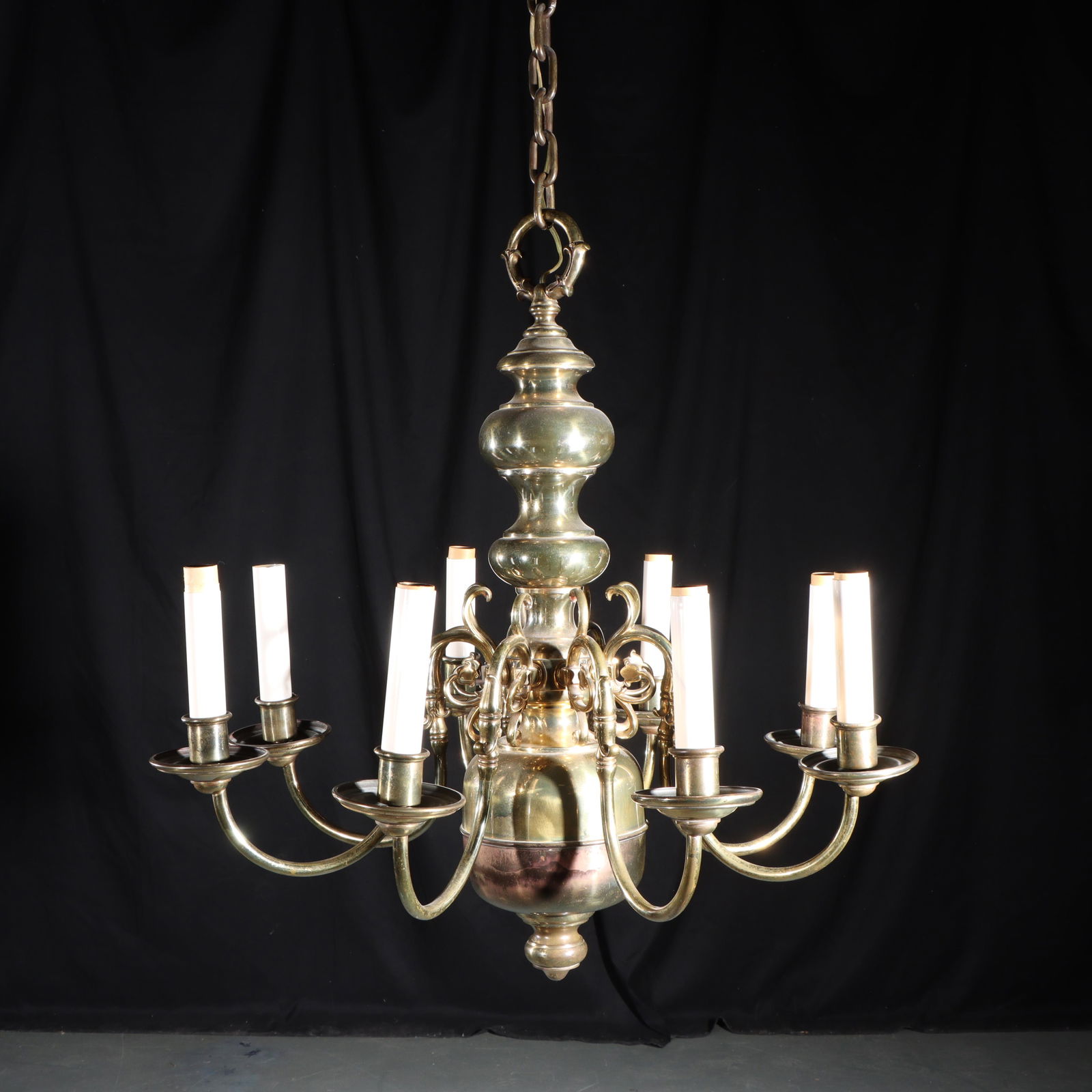 Vintage Dutch style eight light brass chandelier 45"H x 29"W: Vintage Dutch style eight light brass chandelier 45"H x 29"W