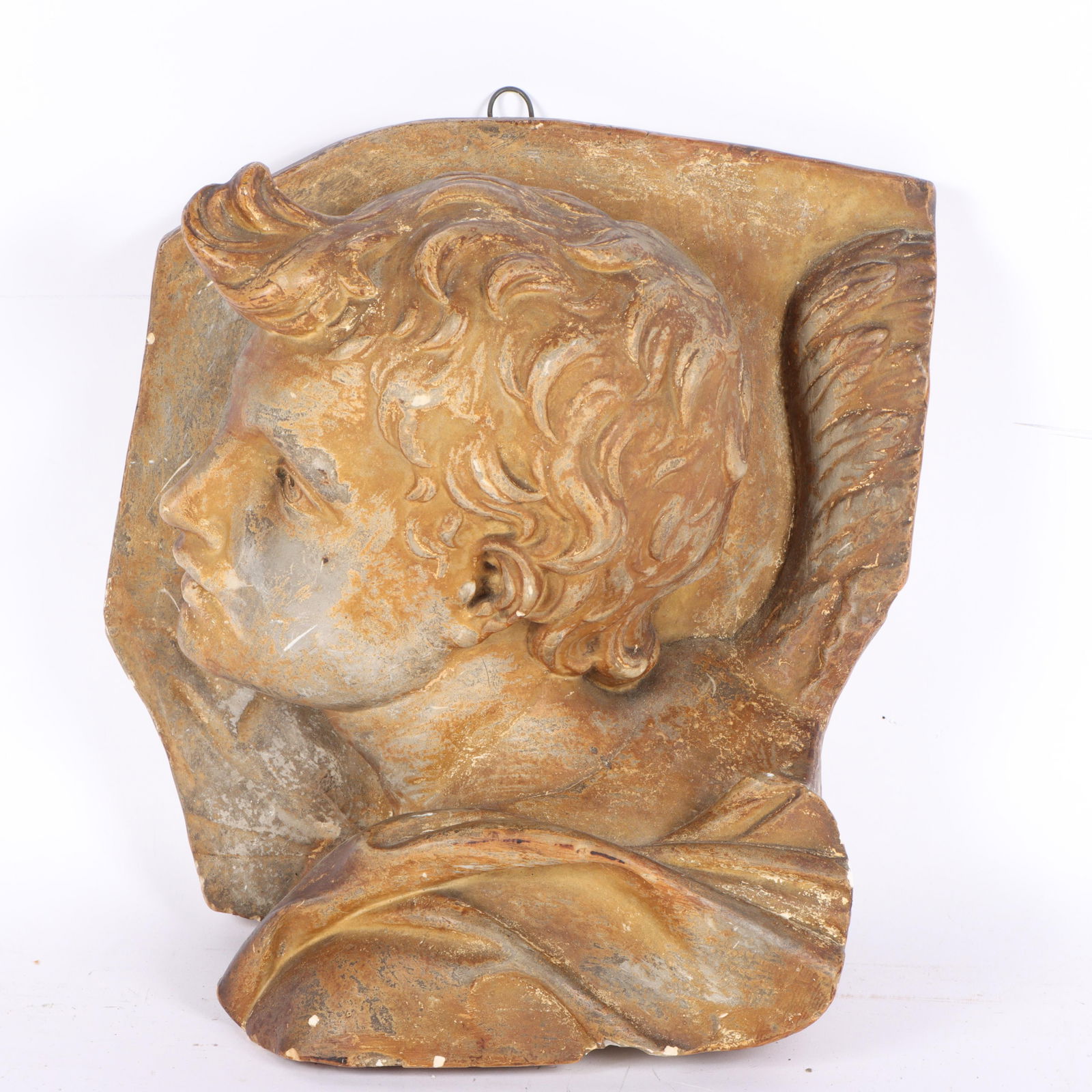 Caproni Brothers, Boston, antique plaster Angel head bas relief cast fragment from the Duomo: Caproni Brothers, Boston, antique plaster Angel head bas relief cast fragment from the Duomo Cathedral. Circa 1914 ?Angel Head? plaster cast from the Caproni Brothers of Boston, MA. Founded in the lat