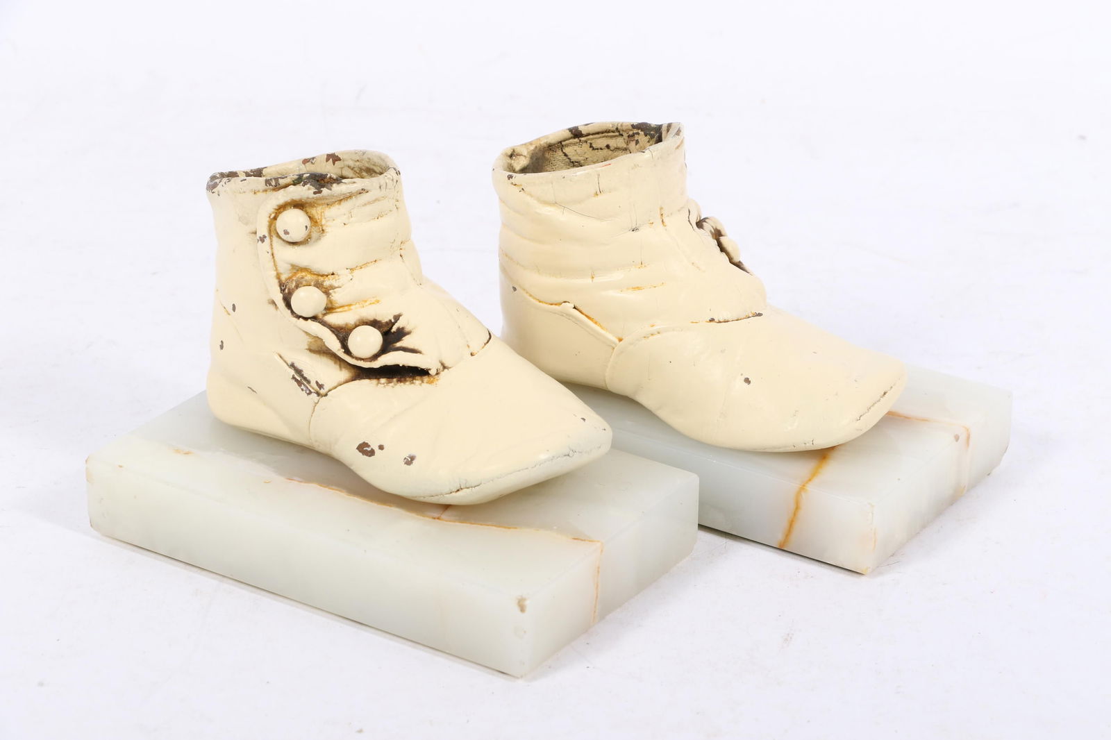 Antique pair of Victorian / Edwardian baby button-up shoes on marble bases 3 1/2"H x 3"W x 3"D: Antique pair of Victorian / Edwardian baby button-up shoes on marble bases 3 1/2"H x 3"W x 3"D