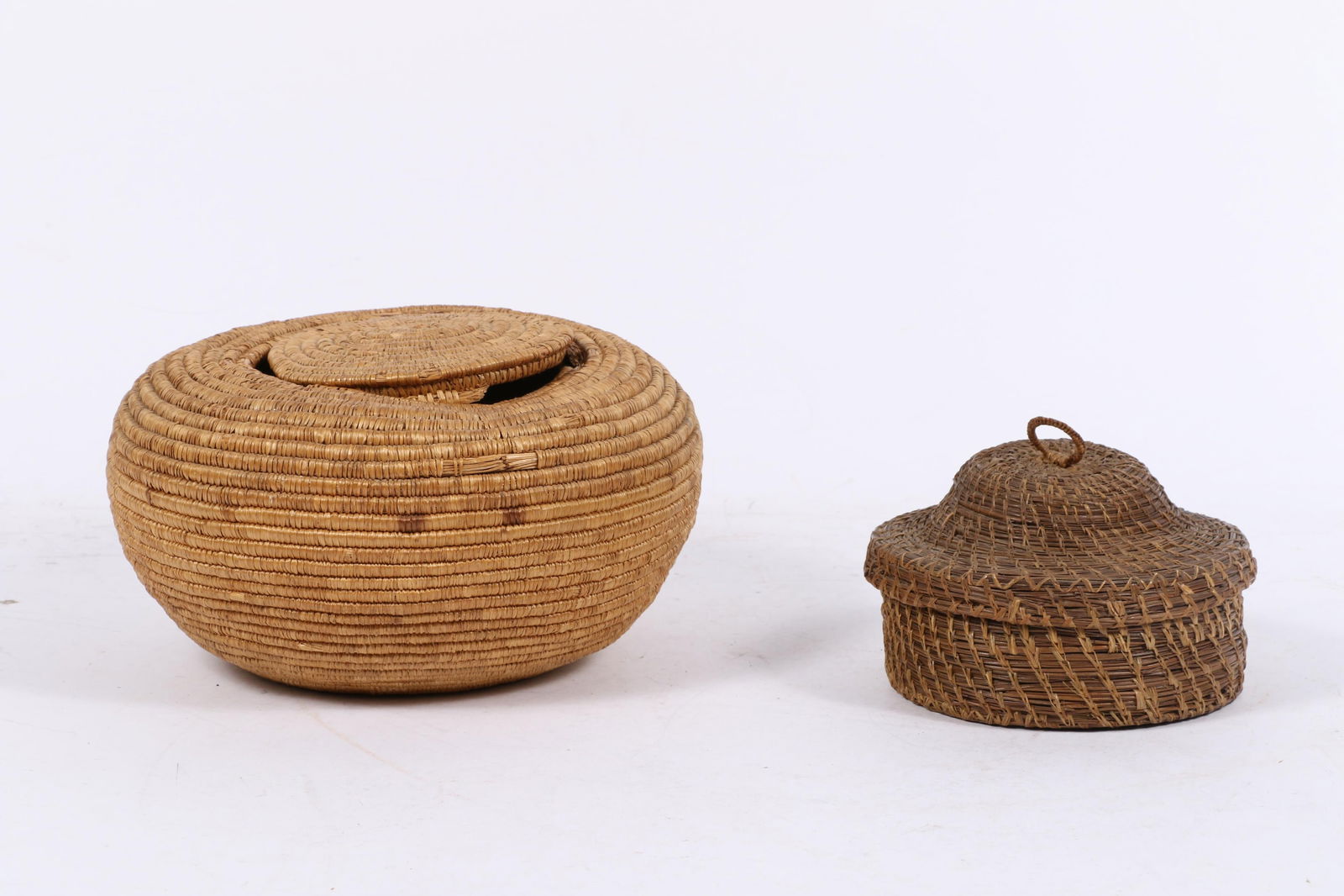 Pair Native American hand-woven lidded baskets: coil basket, pine needle basket 5"H x 9"Diam. (1 of 6)