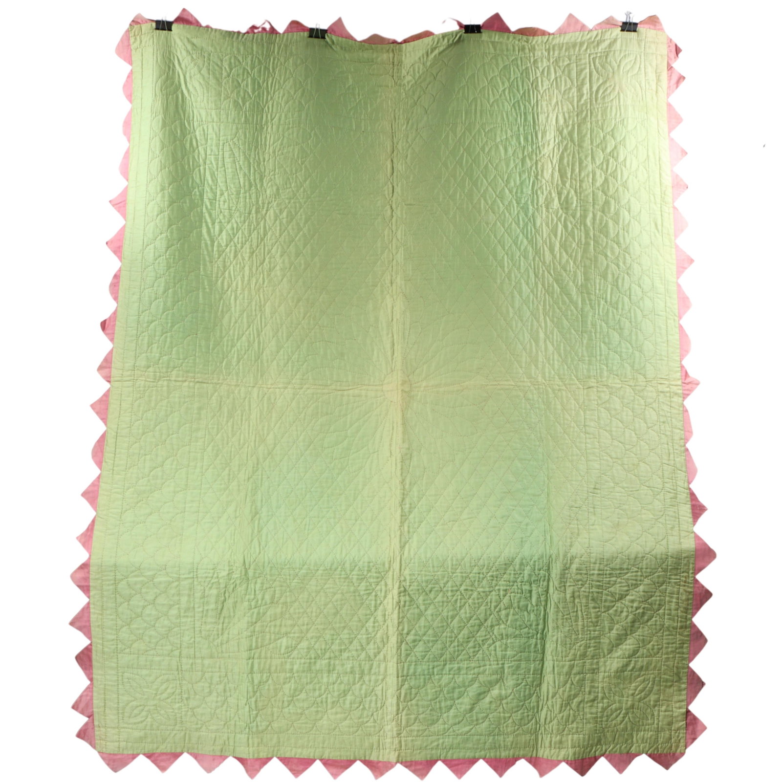 Vintage green and pink reversible quilt with zig zag edge 91 1/2"H x 72 1/2"W: Vintage green and pink reversible quilt with zig zag edge 91 1/2"H x 72 1/2"W