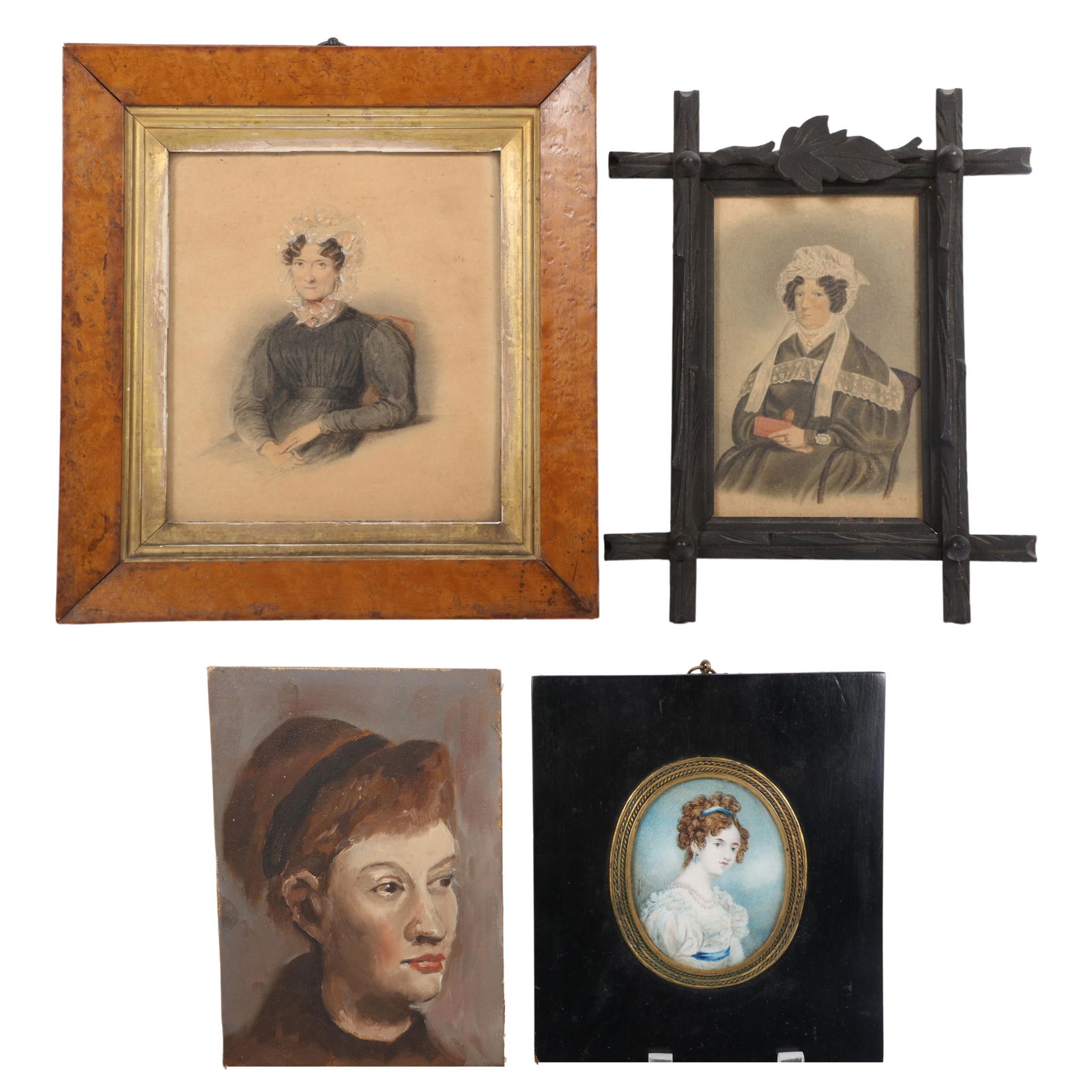 Antique / vintage female portrait painting group, 4pc: oil painting on board, 2 framed mixed media (1 of 11)