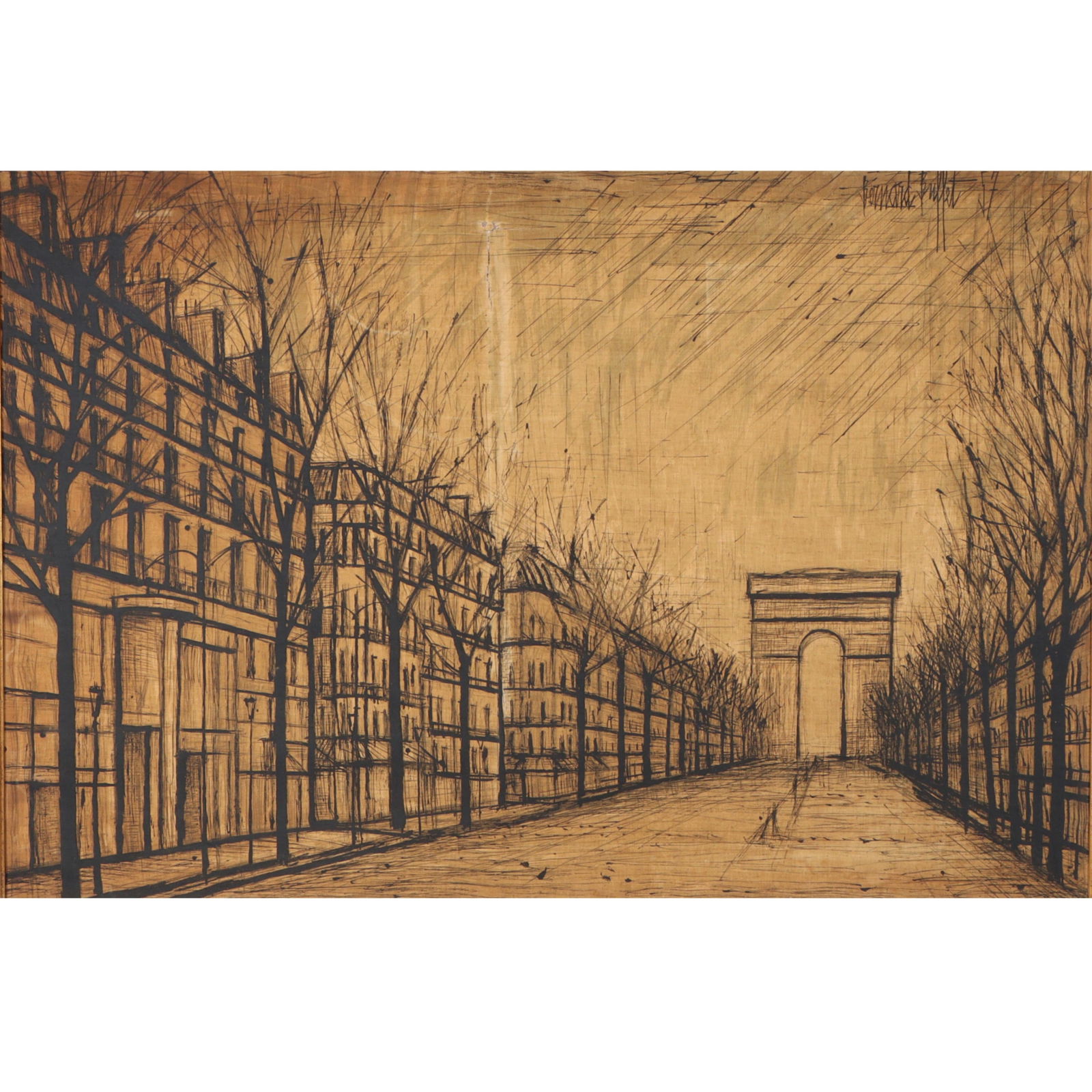 Bernard Buffet, French (1928-1999), The Champs Elys?es and the Arc de Triomphe, 1957, print on: Bernard Buffet French (1928-1999) The Champs Elys?es and the Arc de Triomphe, 1957 print on fabric Signed and dated in the print. Signs of repair. 42 1/4"H x 62"W(sight), 49"H x 68 1/2"W(frame)