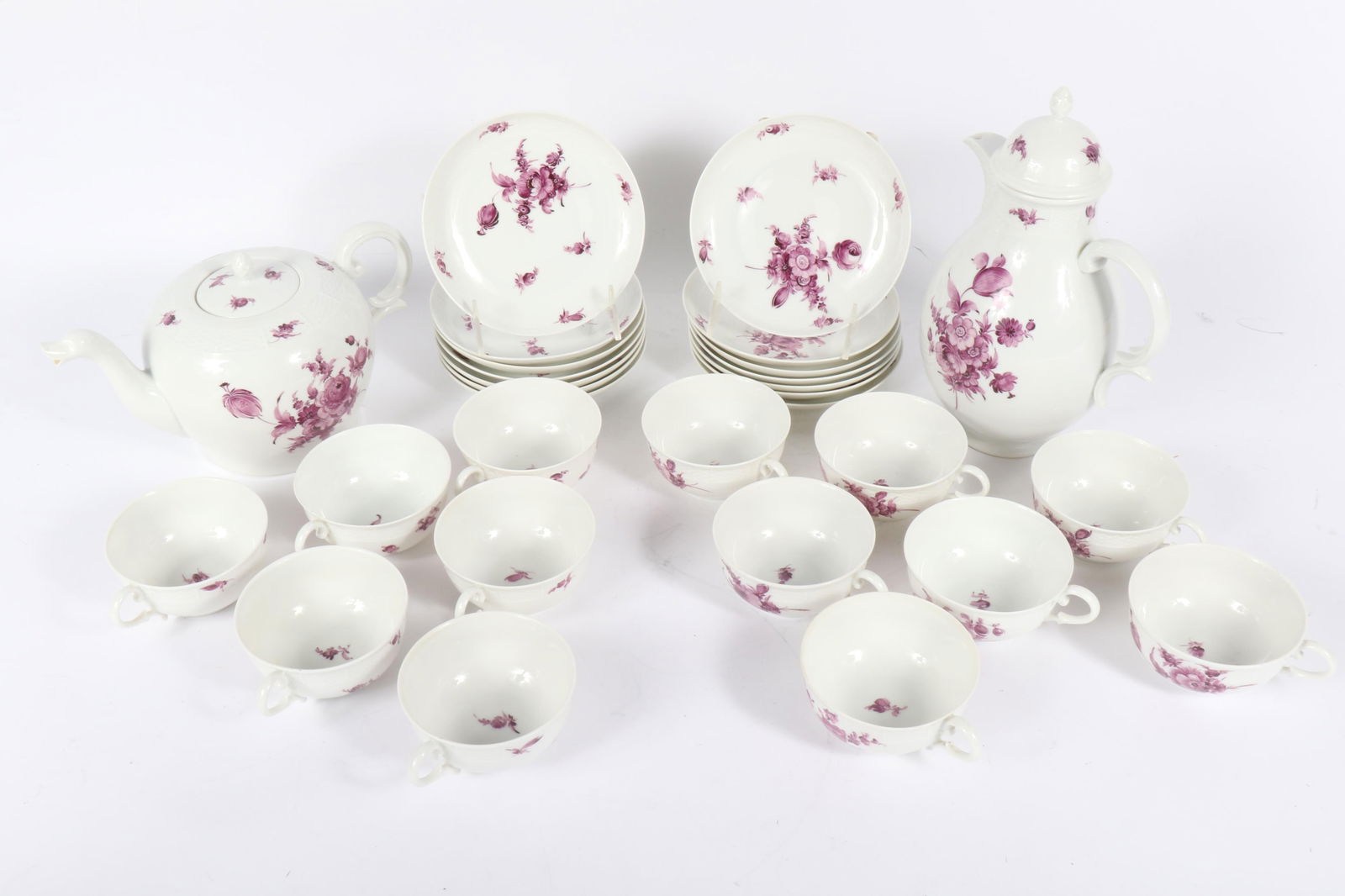 Nymphenburg porcelain purple flowers tea and coffee service, 29pc: tea pot, coffee pot, 13 cups, 14 (1 of 17)