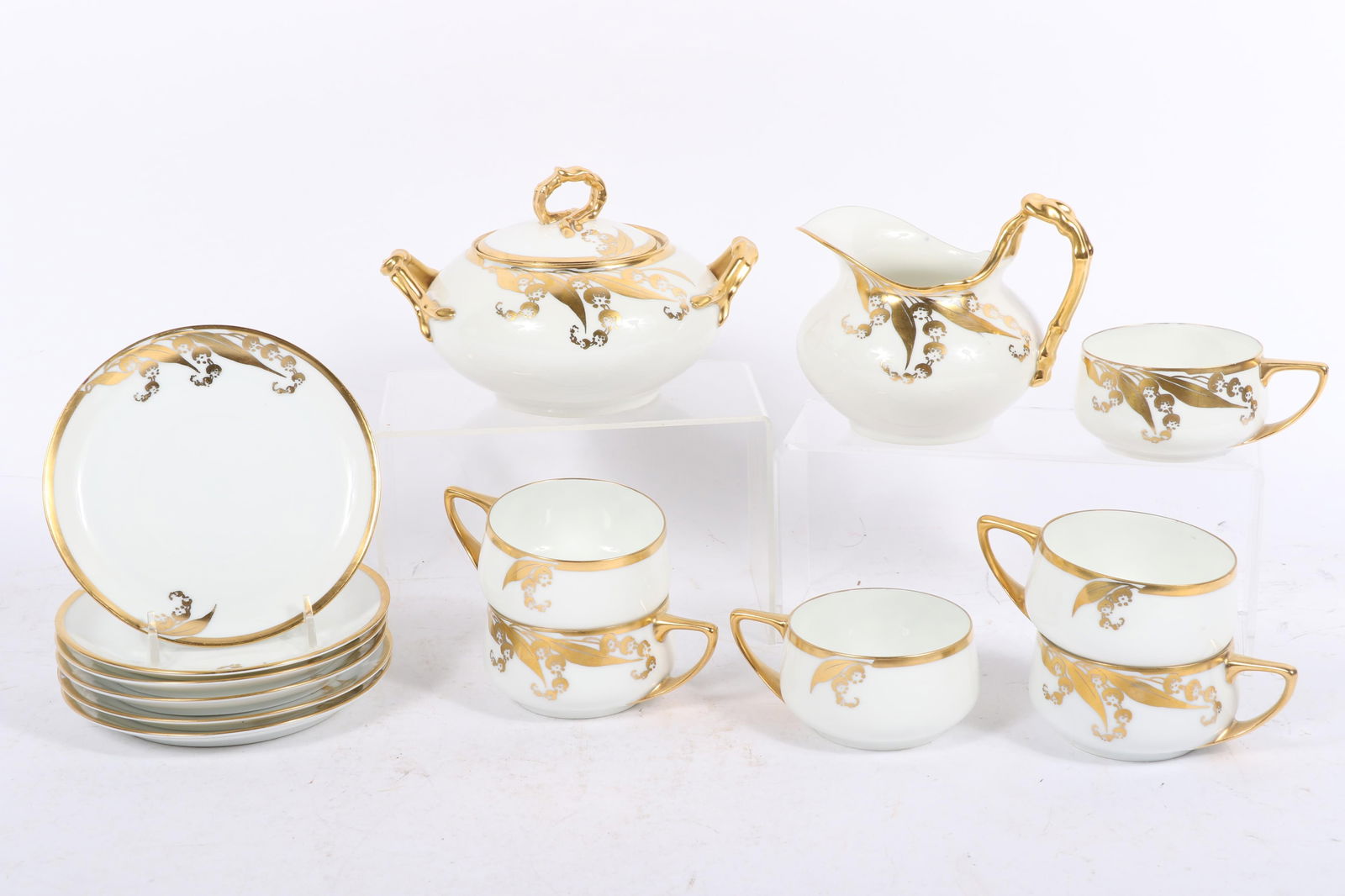 Gilt lily of the valley porcelain china tea service, 14pc: JP Limoges, Rosenthal Donatello Bavaria 4: Gilt lily of the valley porcelain china tea service, 14pc: JP Limoges, Rosenthal Donatello Bavaria cream & sugar, 6 cups & saucers 4 1/2?H x 4 1/2?W x 5 1/2?D(creamer)