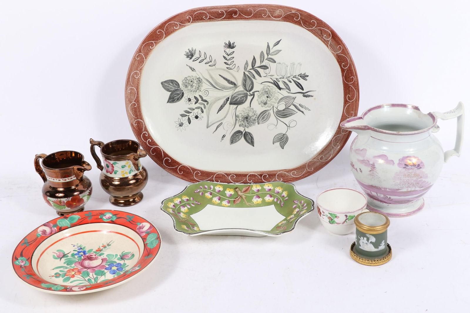 Vintage dishware, 8pc: 2 copper lustrewre pitchers / creamers, Wedgwood platter, Wedgwood green (1 of 12)