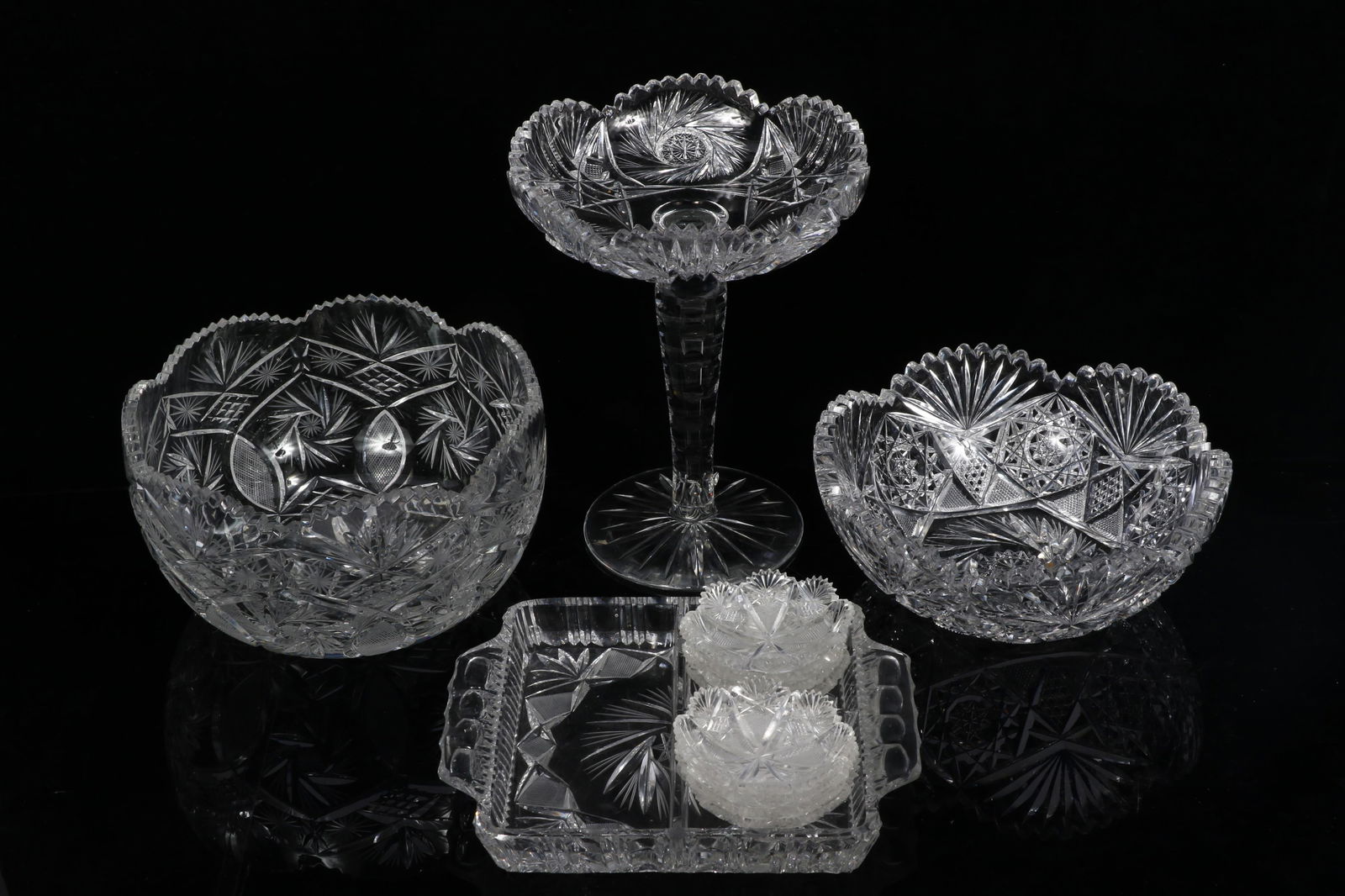 American Brilliant cut glass, 12pc: 2 bowls, relish tray, pedestal bowl, 8 salt cellars 8 3/4?H x: American Brilliant cut glass, 12pc: 2 bowls, relish tray, pedestal bowl, 8 salt cellars 8 3/4?H x 7?Diam. (pedestal bowl)