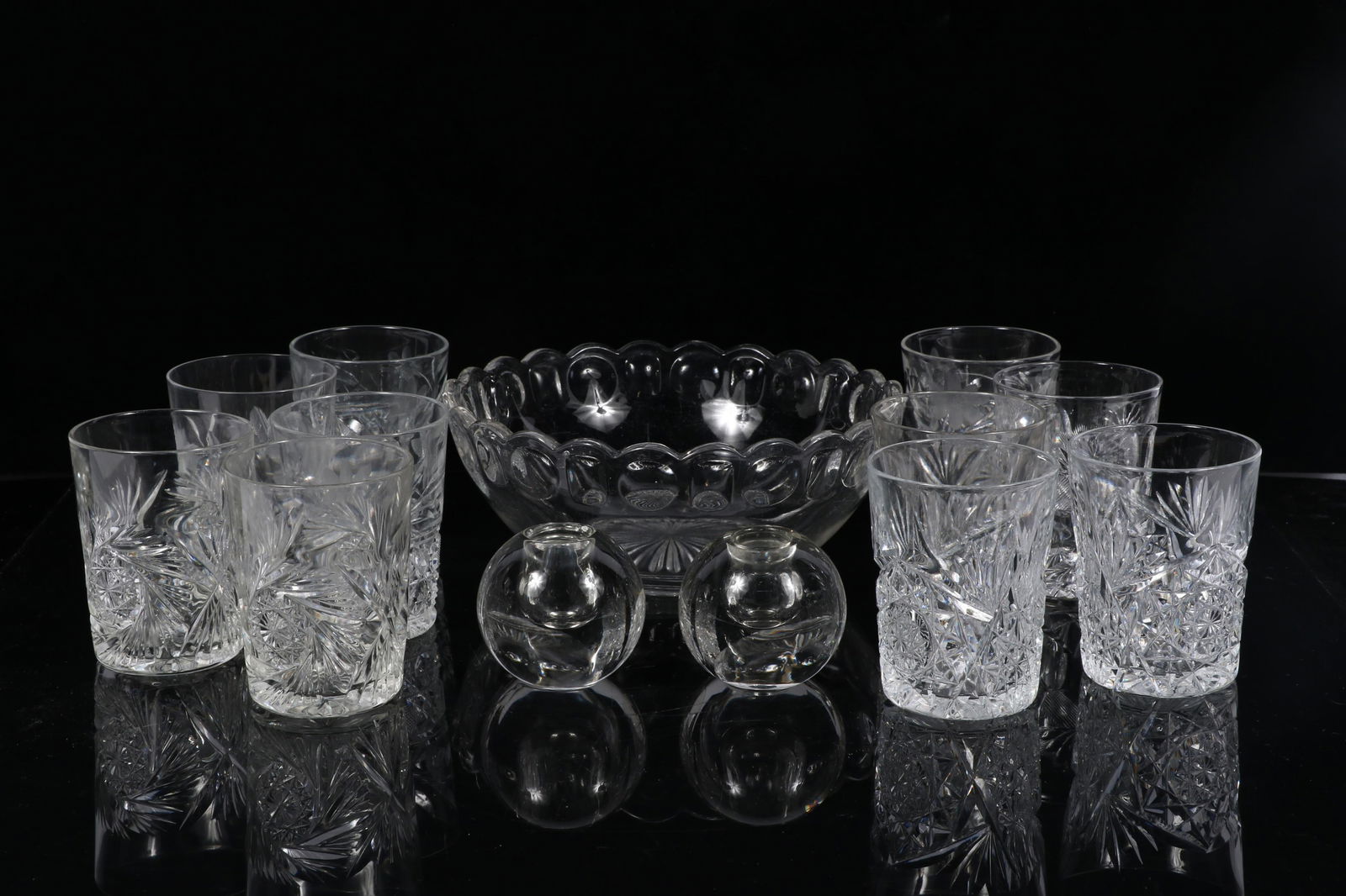 Glass group, 13pc: 10 cut glass tumblers, pressed glass serving bowl, pair spherical candleholders 3 (1 of 13)