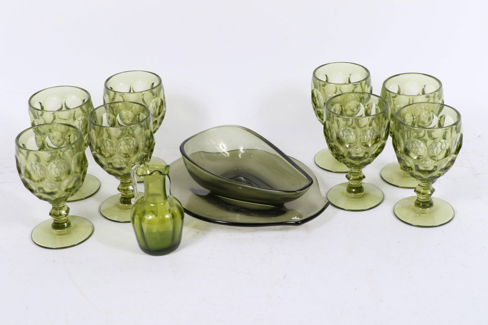 Indiana Glass Company thumbprint/Kings Crown pattern 10pc. group: 8 goblets, miniature pitcher, and (1 of 7)