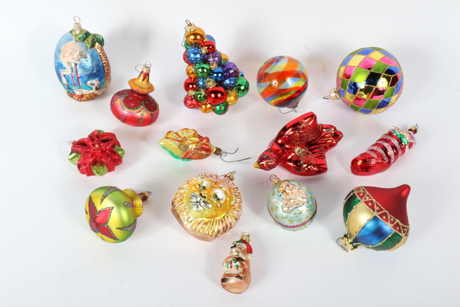 Assorted Old World Christmas Ornaments 14pc. group, including Christopher Radko, tallest is 7in in: Assorted Old World Christmas Ornaments 14pc. group, including Christopher Radko, tallest is 7in in various conditions, some have cracking in them A collection of assorted blown glass Christmas ornamen