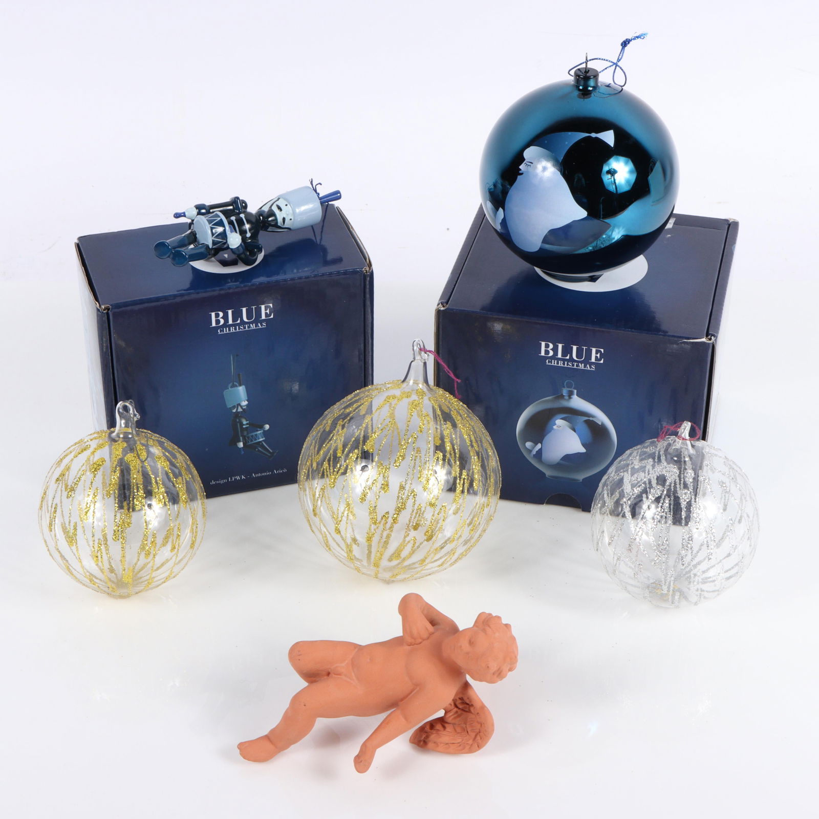 Collection of vintage Christmas holiday ornaments: Alessi Italian "Blue Christmas" ornaments in box: Collection of vintage Christmas holiday ornaments: Alessi Italian "Blue Christmas" ornaments in box , Italian hand painted glass ornaments, MMA 1994 terracotta cherub angel 4 1/2"Diam. (largest ball)