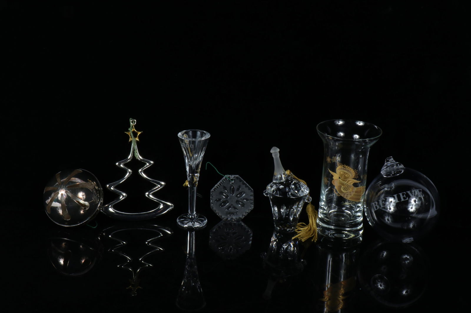 Vintage Christmas holiday ornaments, 7pc: Simon Pearce Believe glass ornament, Gorham crystal 2000: Vintage Christmas holiday ornaments, 7pc: Simon Pearce Believe glass ornament, Gorham crystal 2000 champagne bucket with bottle, Waterford Crystal "Five Golden Rings" 1988 annual ornament from the "12