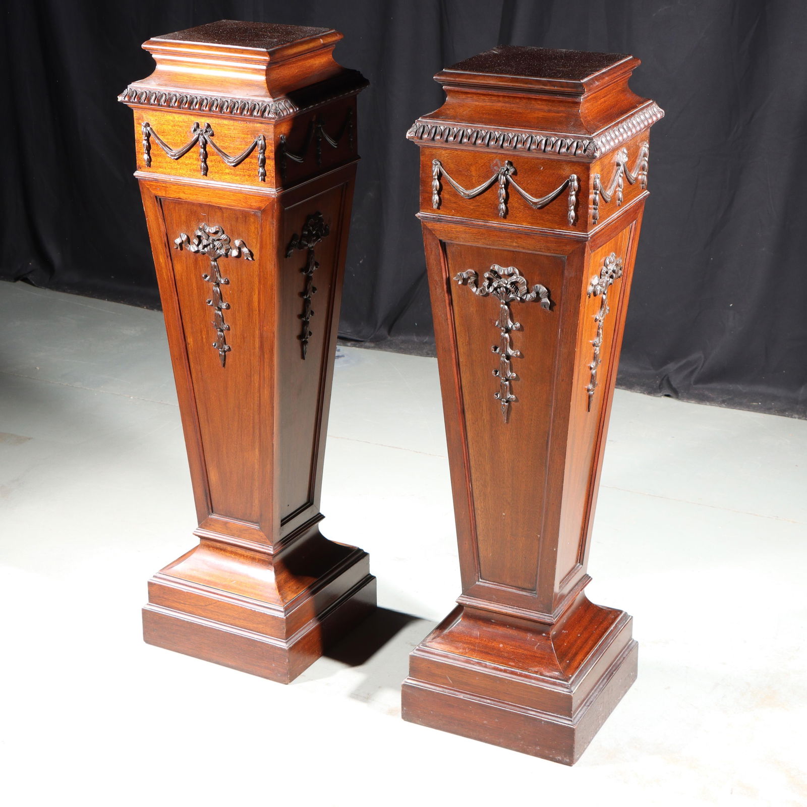 Pair antique English mahogany pedestal stands with ribbon swag appliques 42?H x 12?W x 12?D (1 of 12)