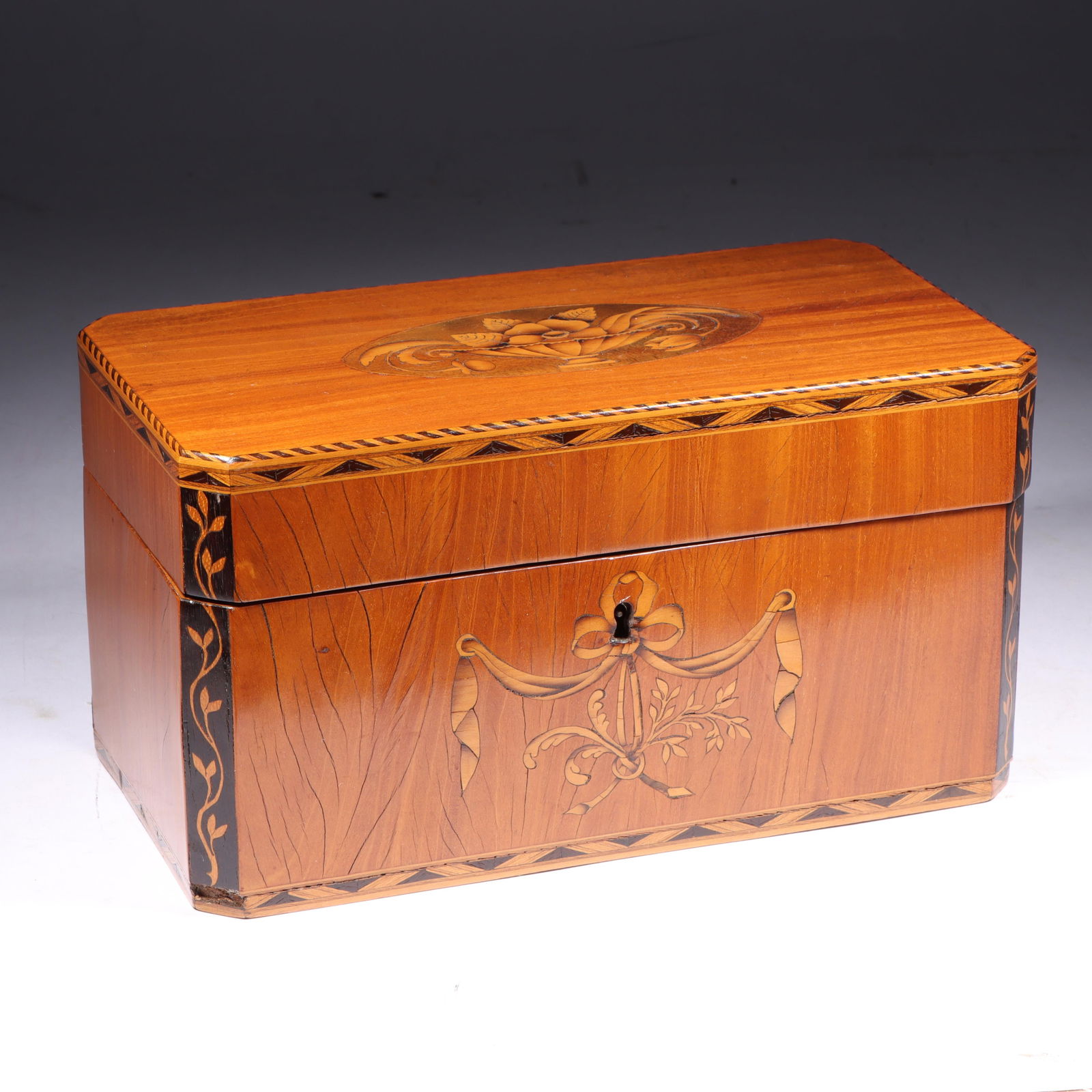 Antique English Georgian marquetry floral and ribbon swag inlaid satinwood? tea caddy box 4 3/4"H x (1 of 14)