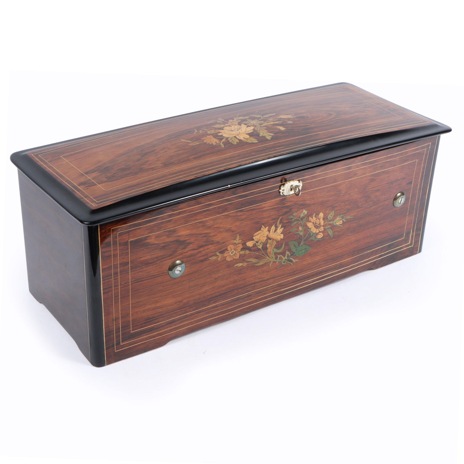 Antique Swiss cylinder rosewood music box with floral marquetry inlay 8 1/2?H x 22?H x 8 1/4?D (1 of 16)