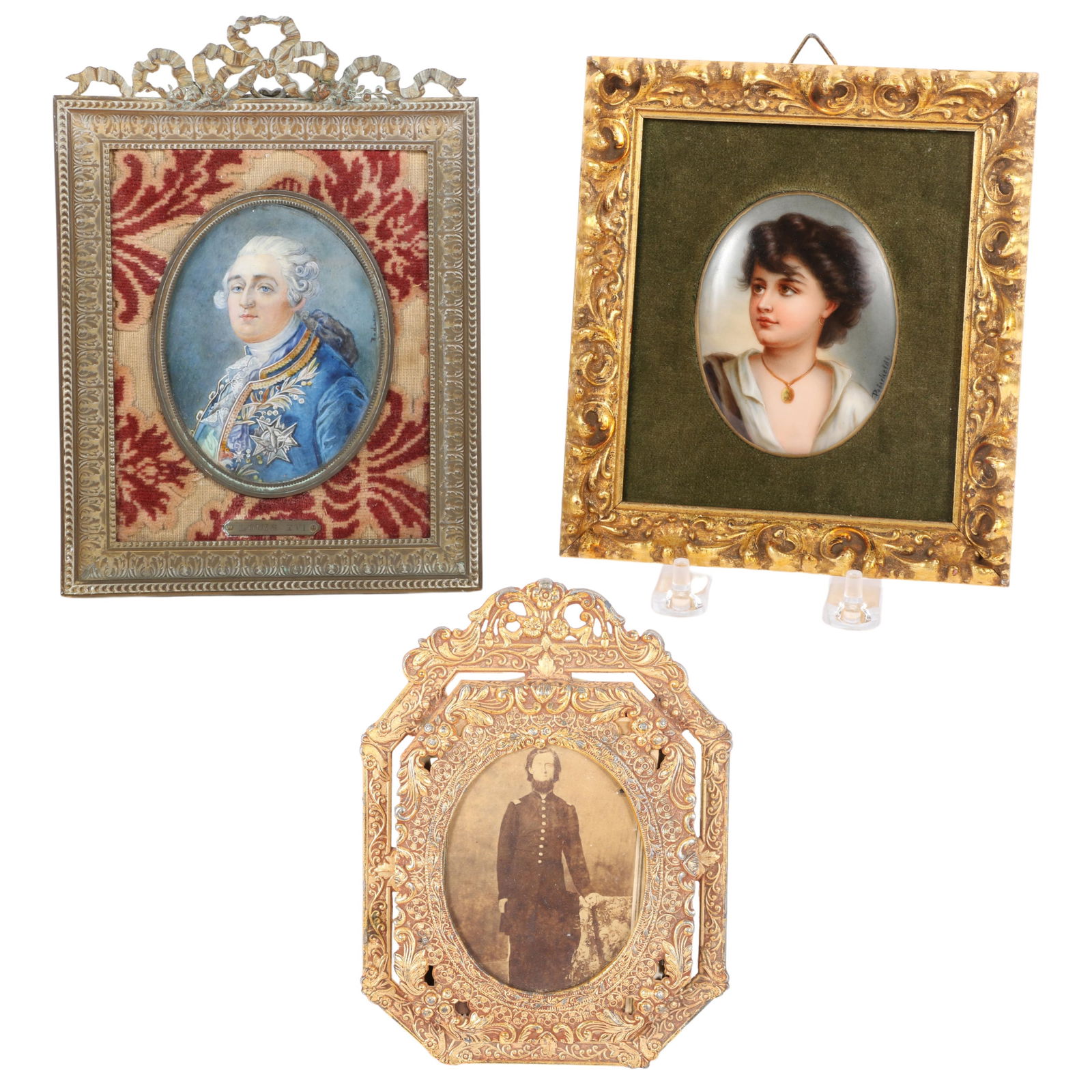Three framed antique portraits: signed miniature portrait of Louis XVI, signed miniature porcelain (1 of 15)