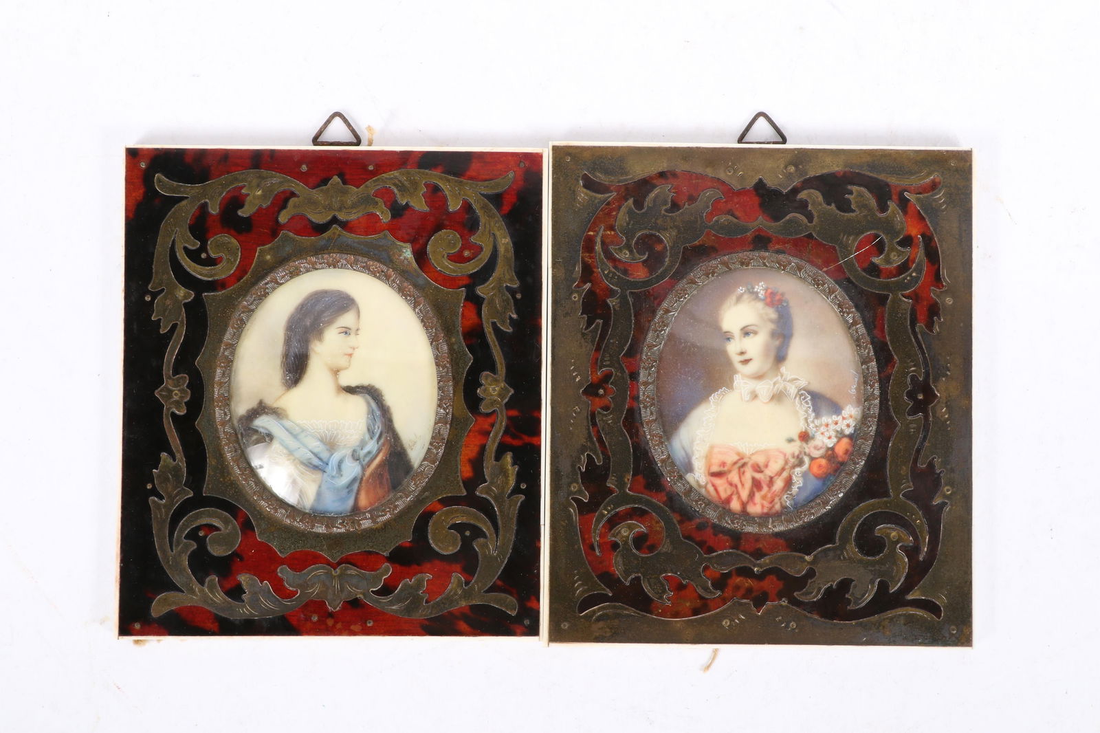Pair signed French miniature portrait paintings in boulle frames; Madame Pompadour, and Empress (1 of 8)