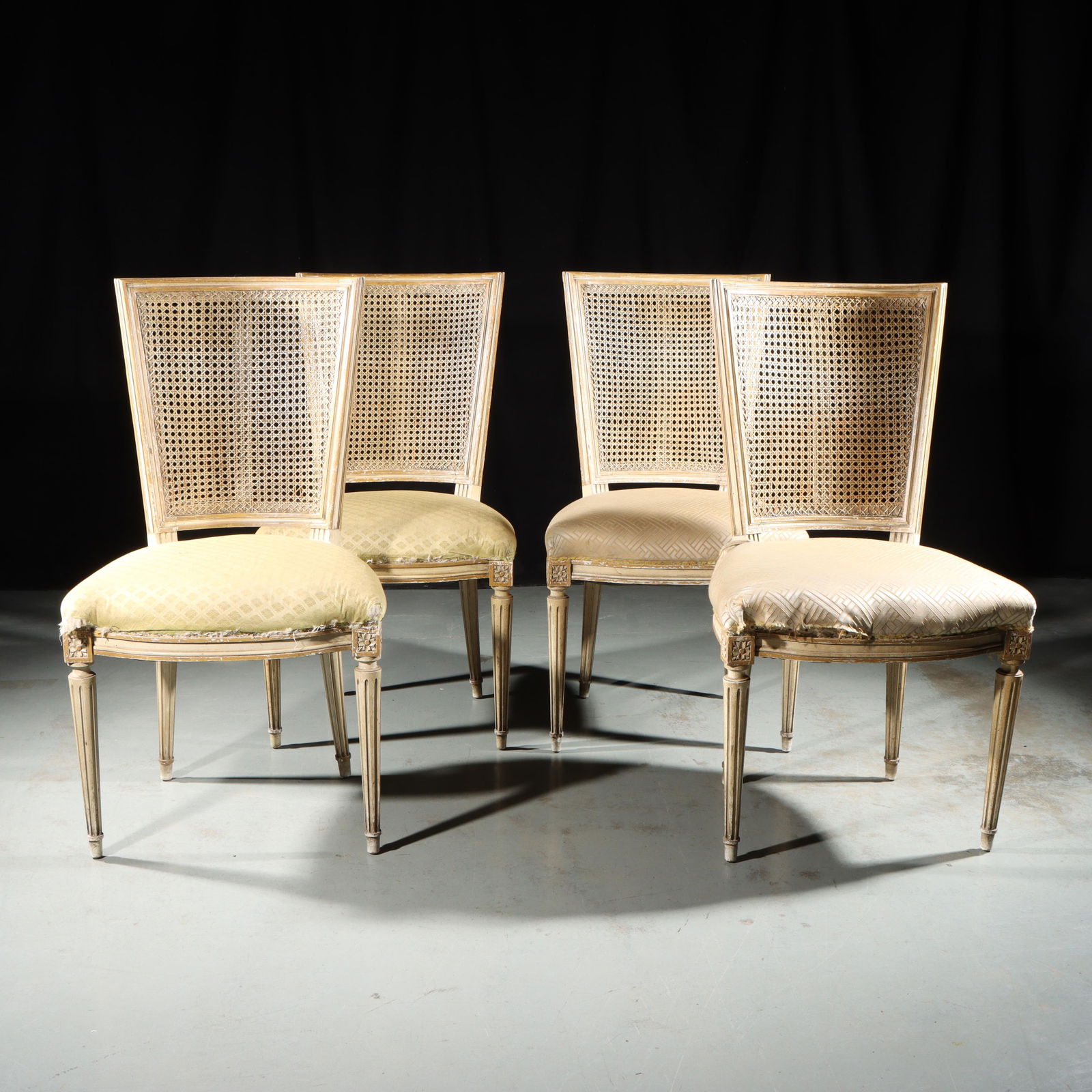 Four French Louis XVI style cane back dining chairs with upholstered seats. 38 1/2?H x 21?W x 17?D, (1 of 16)