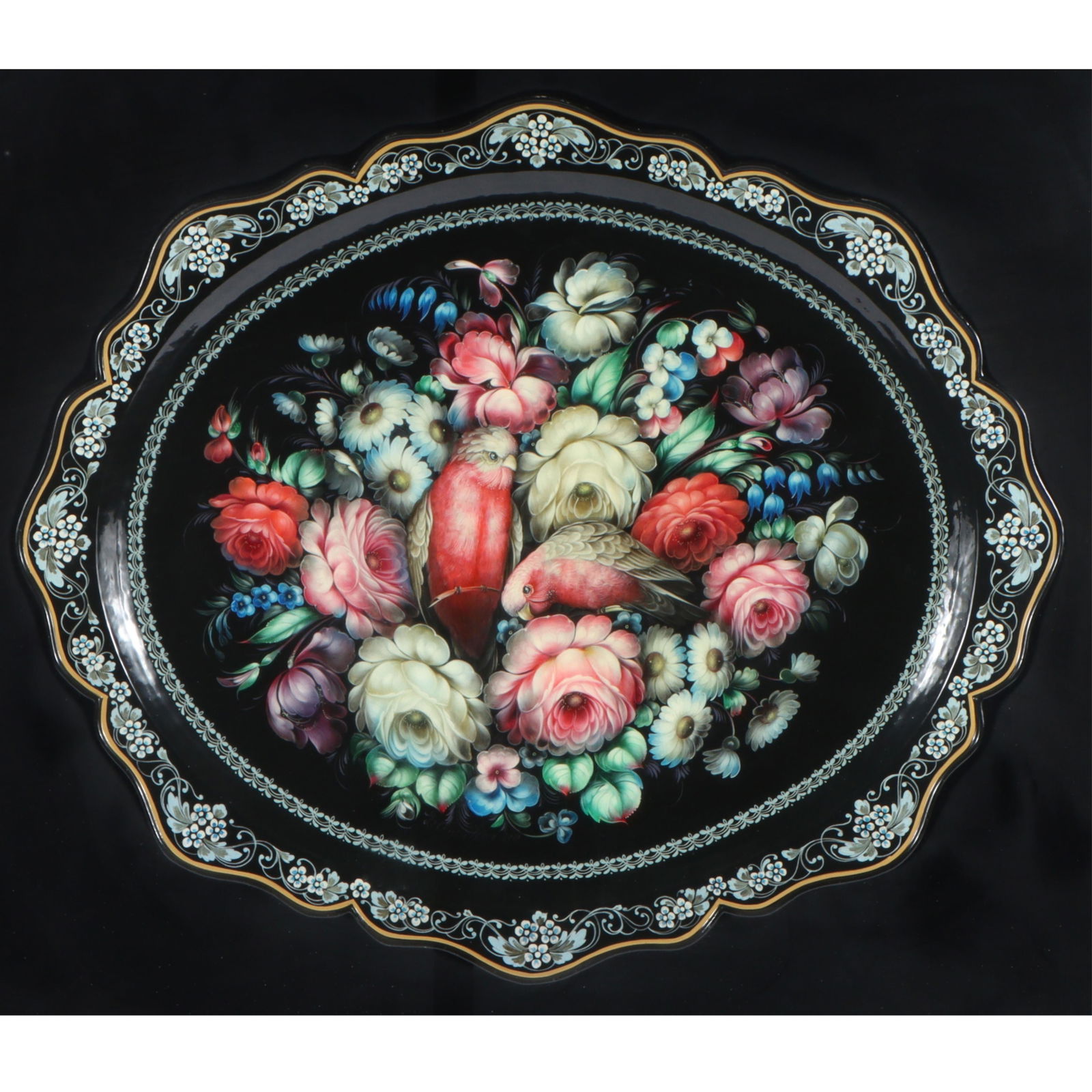 Framed vintage Russian Zhostovo hand-painted floral metal tole serving tray 21?H x 24 1/2?W (tray), (1 of 7)