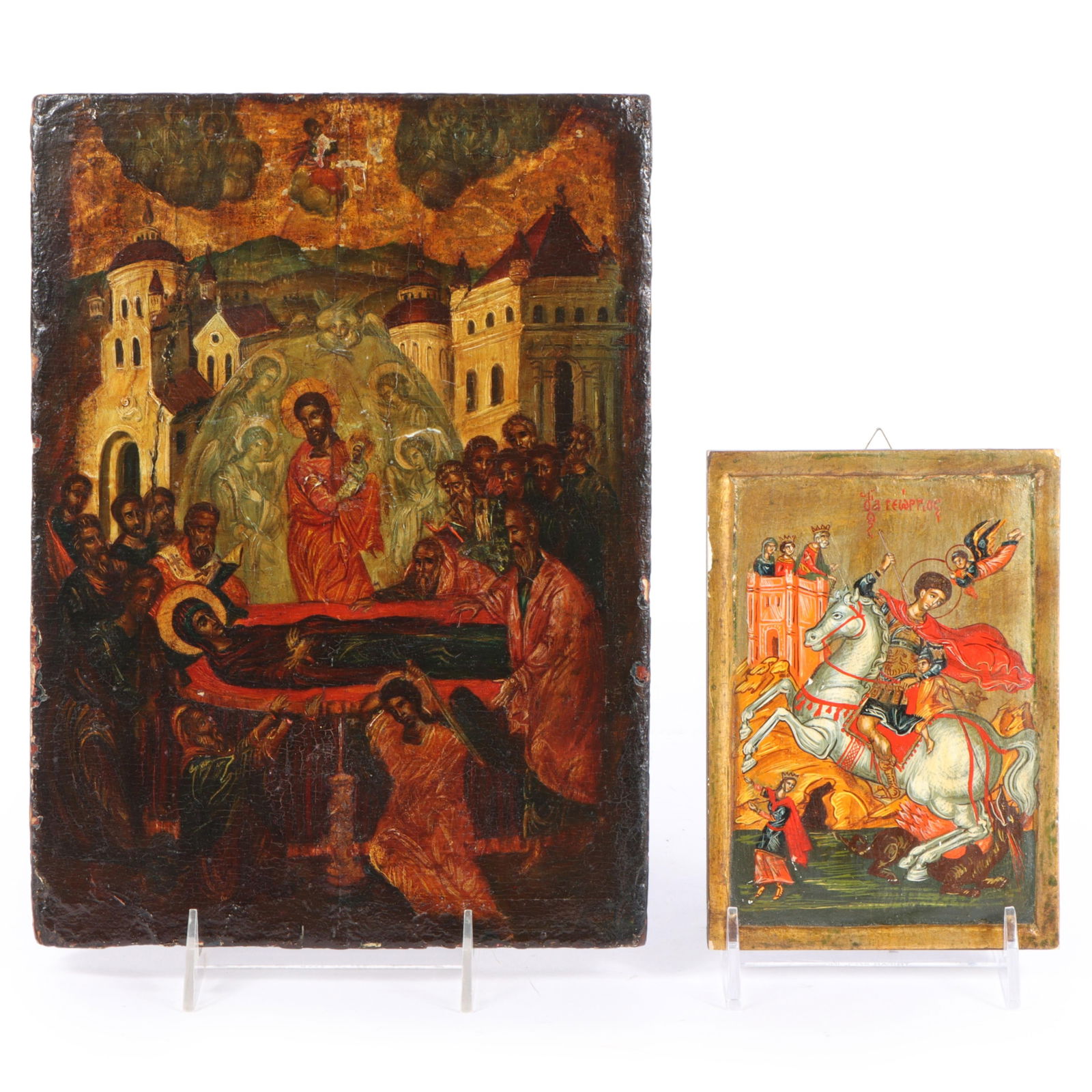 Two antique Russian icon paintings on wood: the Dormition of the Mother of God, Saint George and the (1 of 16)