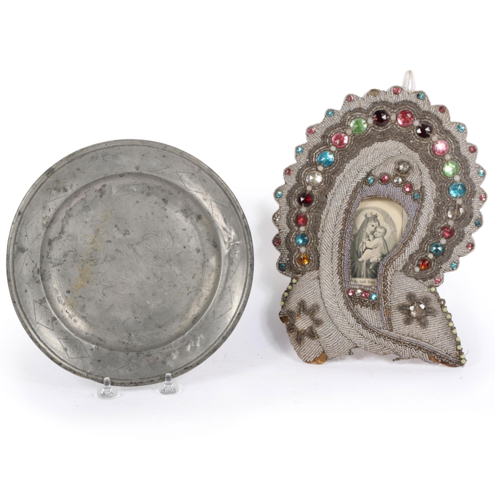 Antique 2pc group: German pewter plate engraved 1784 with zinn touchmarks and Polish holy mother of (1 of 9)