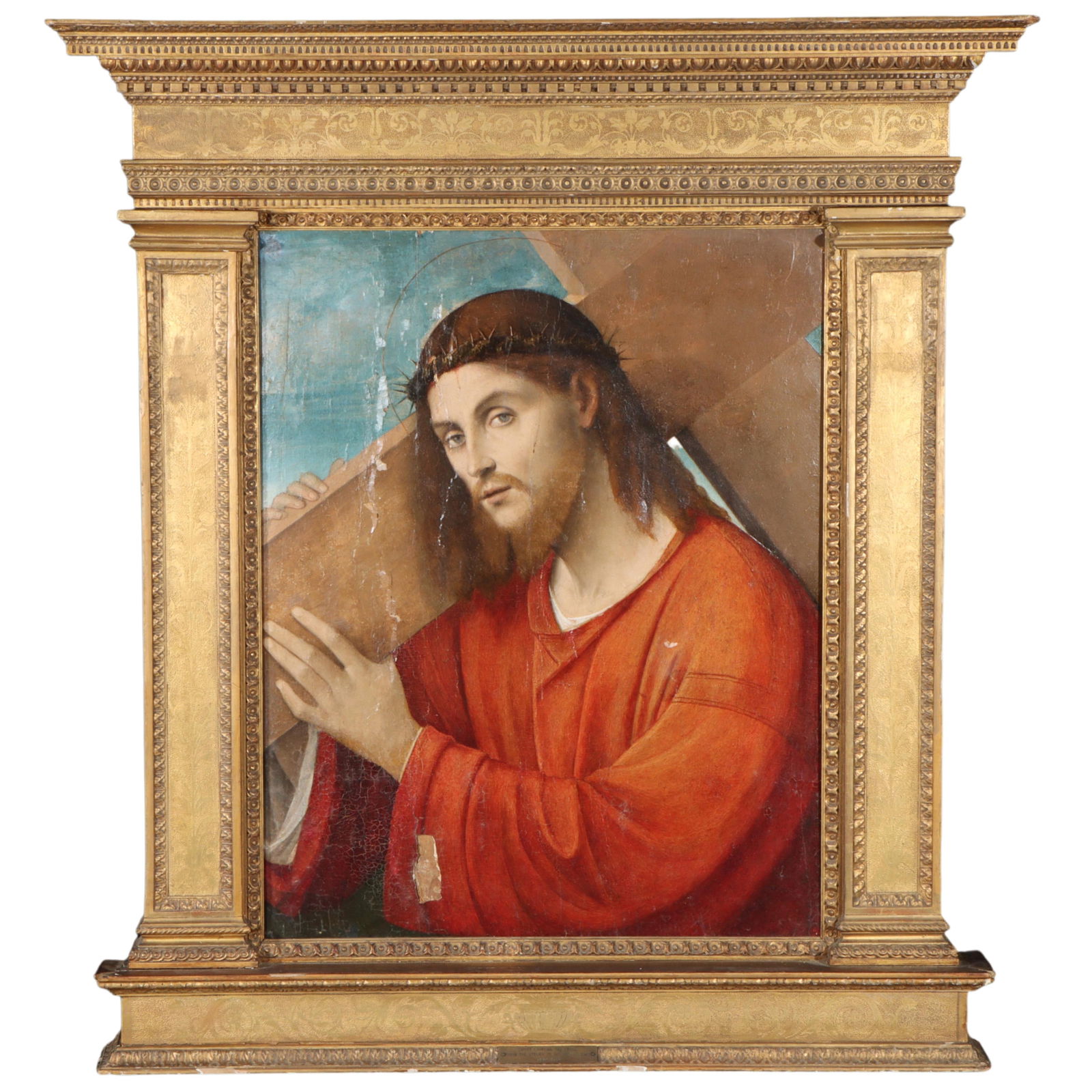 Atelier Giovanni Bellini, Italy (15th/16th century), Christ Carrying the Cross, c.1470-1516,: Follower of Giovanni Bellini Italy (15th/16th century) Christ Carrying the Cross, c.1470-1516 Renaissance master painting oil on wood panel in a giltwood Italian architectural aedicular / tabernacle f