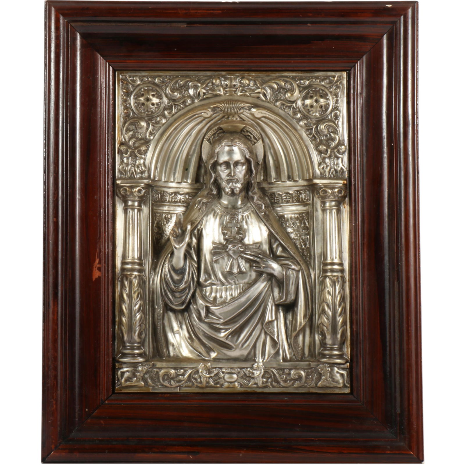 Antique Spanish repousse silvered relief Icon panel of the Sacred Heart of Jesus 11 1/4?H x 8 1/4?W (1 of 10)