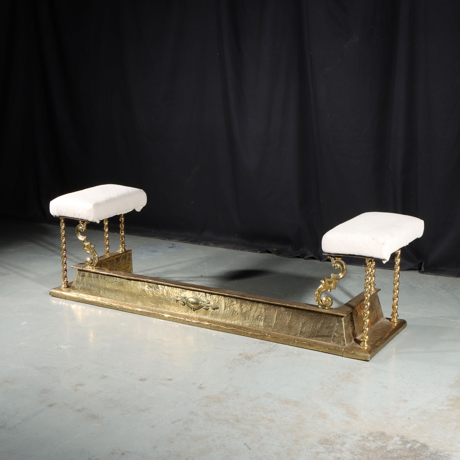 Antique Victorian brass fireplace bench fender with twist legs and scroll detail. 16"H x 56"W (1 of 12)