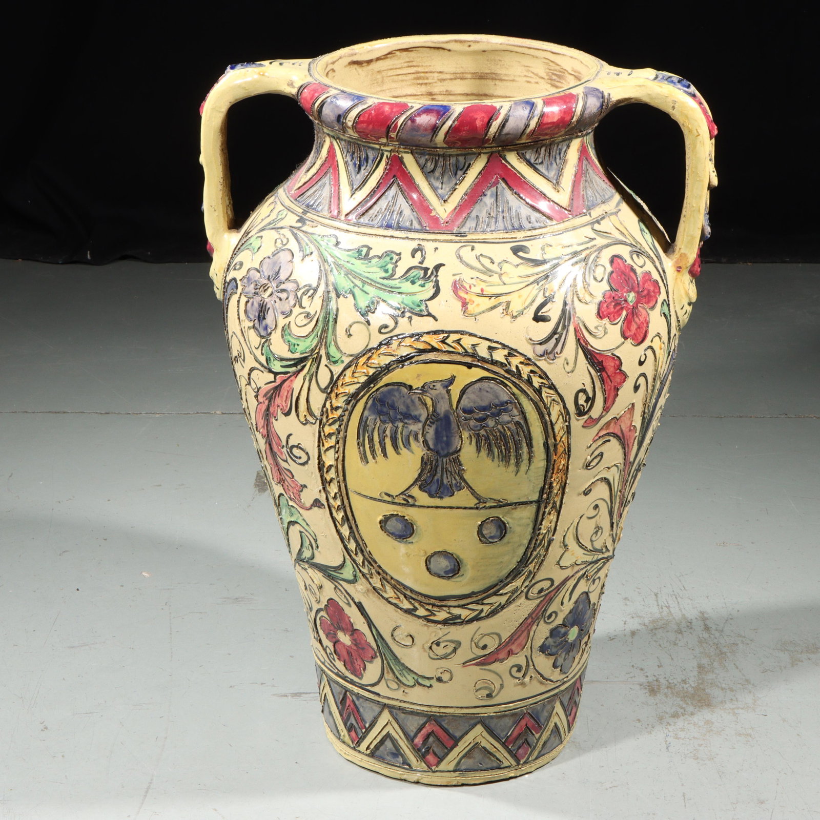 Vintage Italian double handle Neoclassical sgraffito decorated majolica pottery urn vase / umbrella (1 of 14)