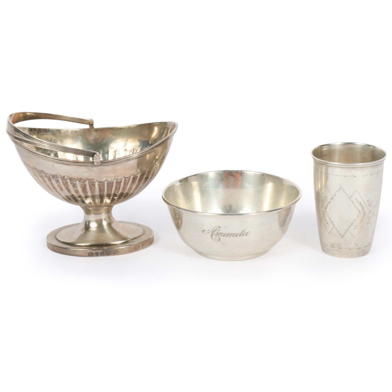 Antique sterling silver 3pc. group: bowl inscribed "Amanda", etched Austro Hungarian beaker cup, and (1 of 11)