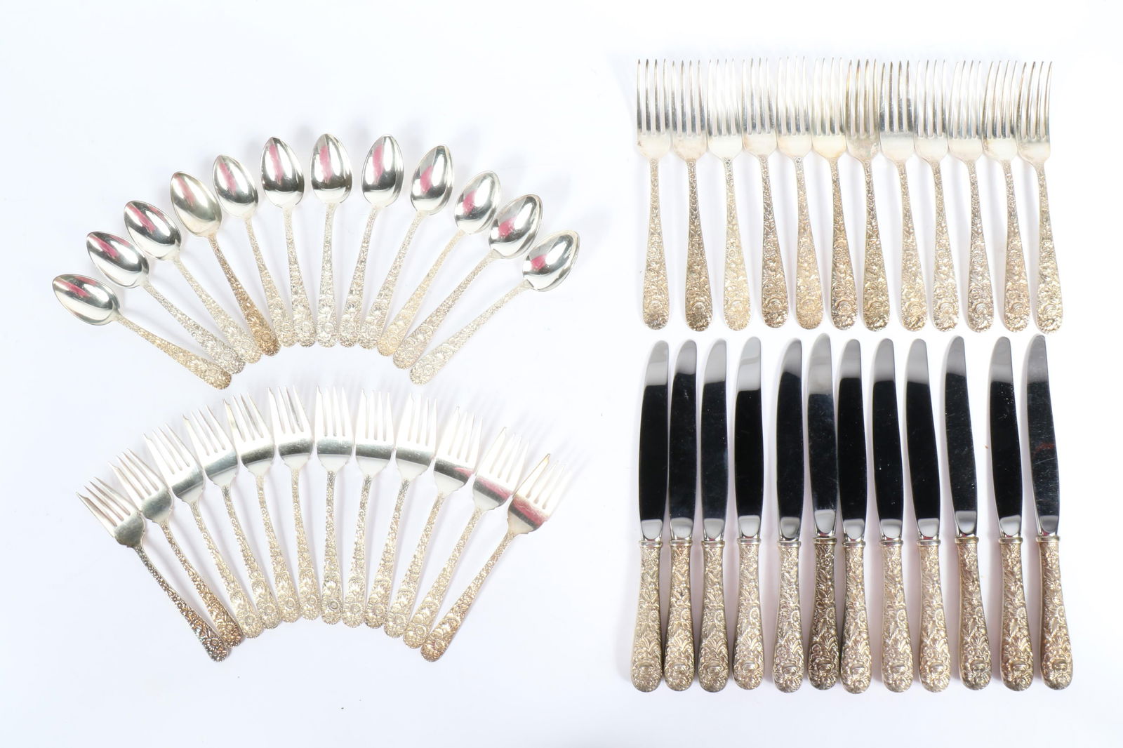 S. Kirk & Son, Repousse floral sterling silver partial dinner flatware service for 12. 8 1/2"H x (1 of 13)