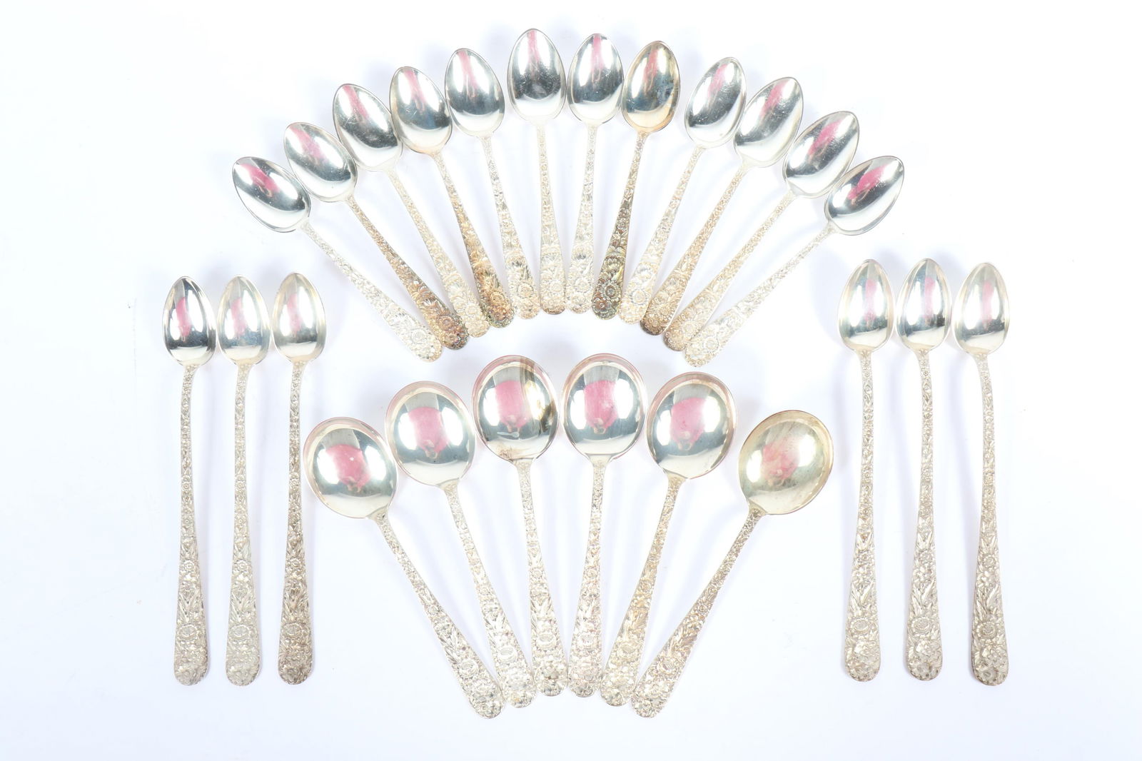 S. Kirk & Son, Repousse floral sterling silver partial service dinner flatware spoons. 7 1/2"H x 1"W (1 of 13)